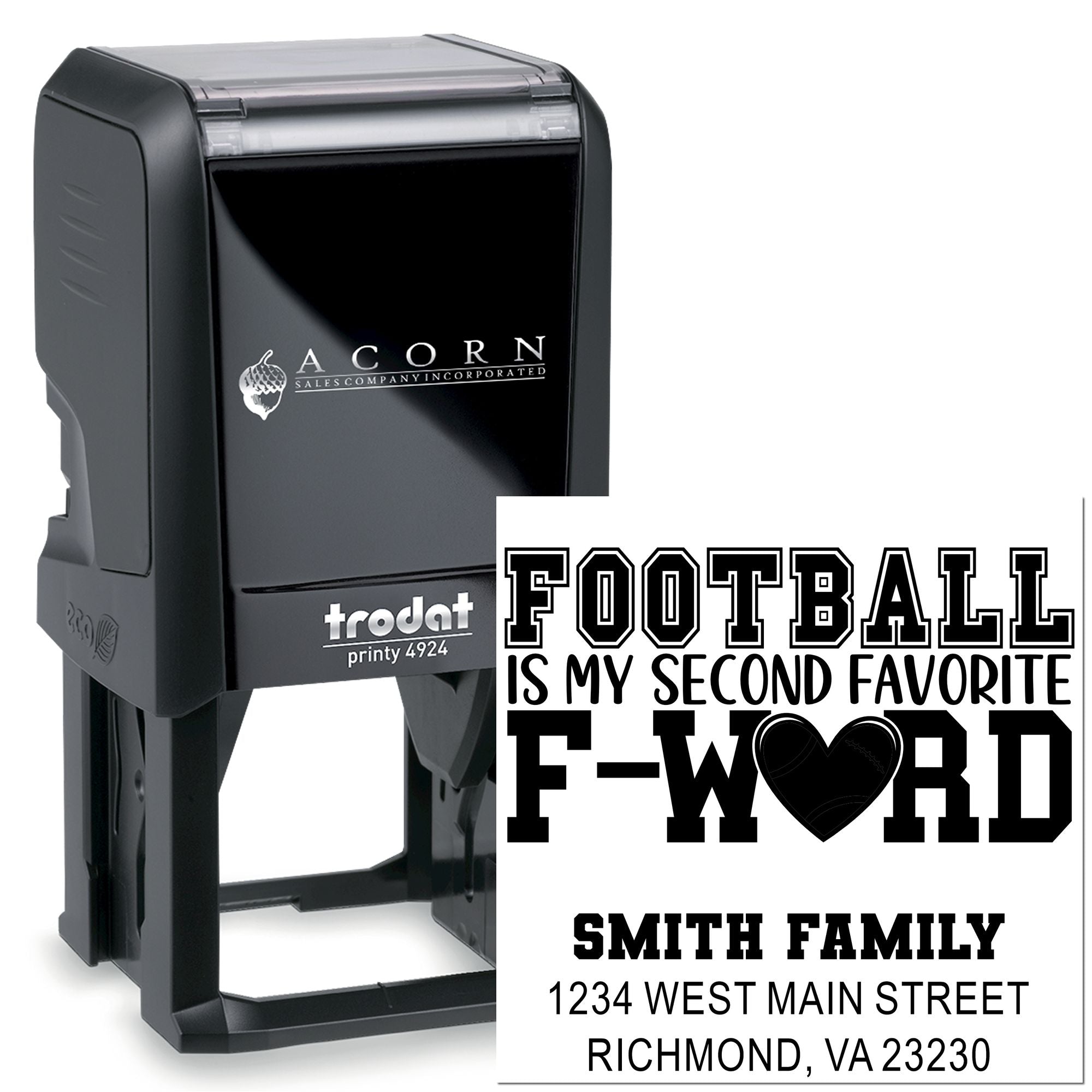 Custom self-inking rubber stamp for football fans with family name and address imprint, ideal for personalized mailings and gifts.