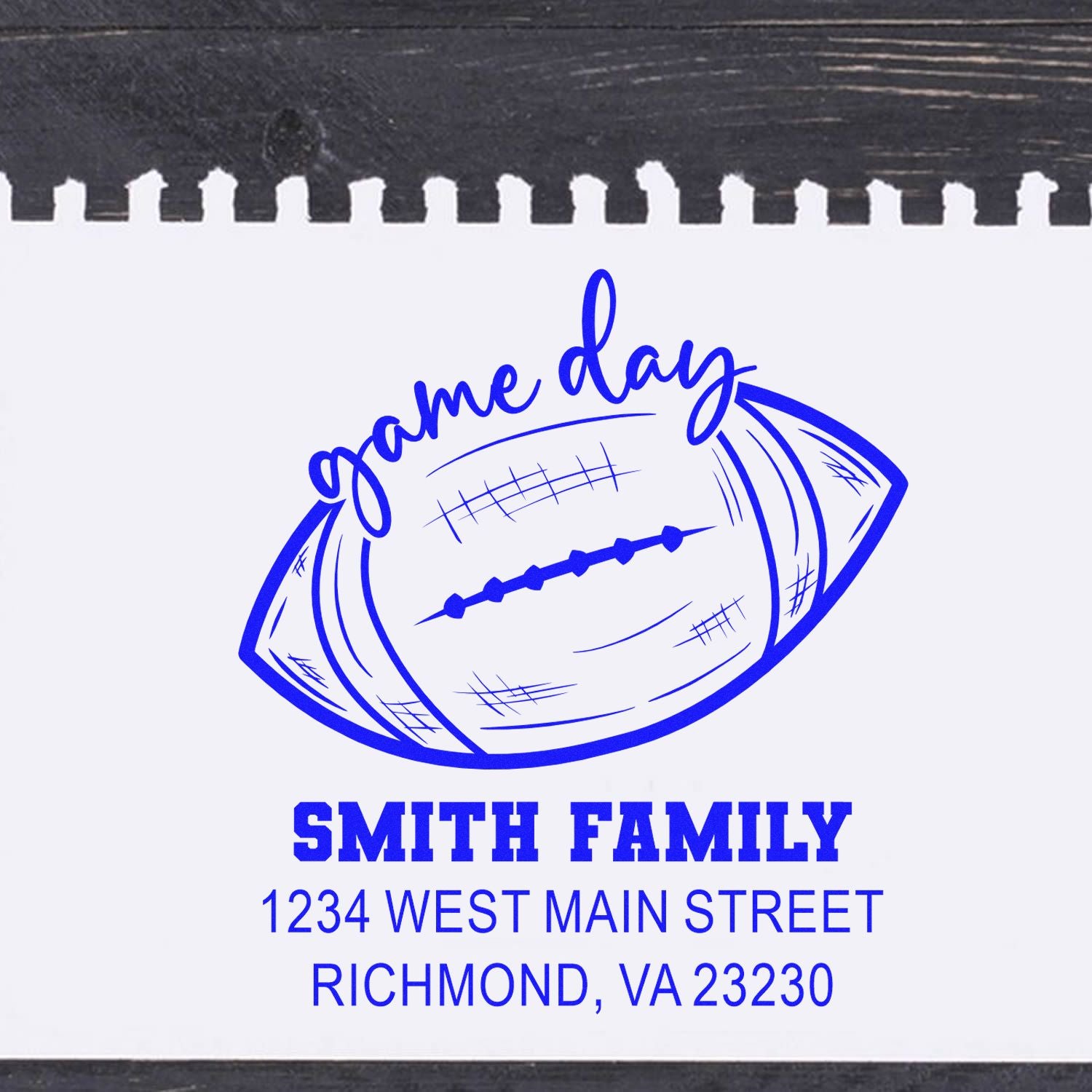 Custom football game day return address rubber stamp for Smith Family, Richmond VA personalized sports-themed mailing stamp.