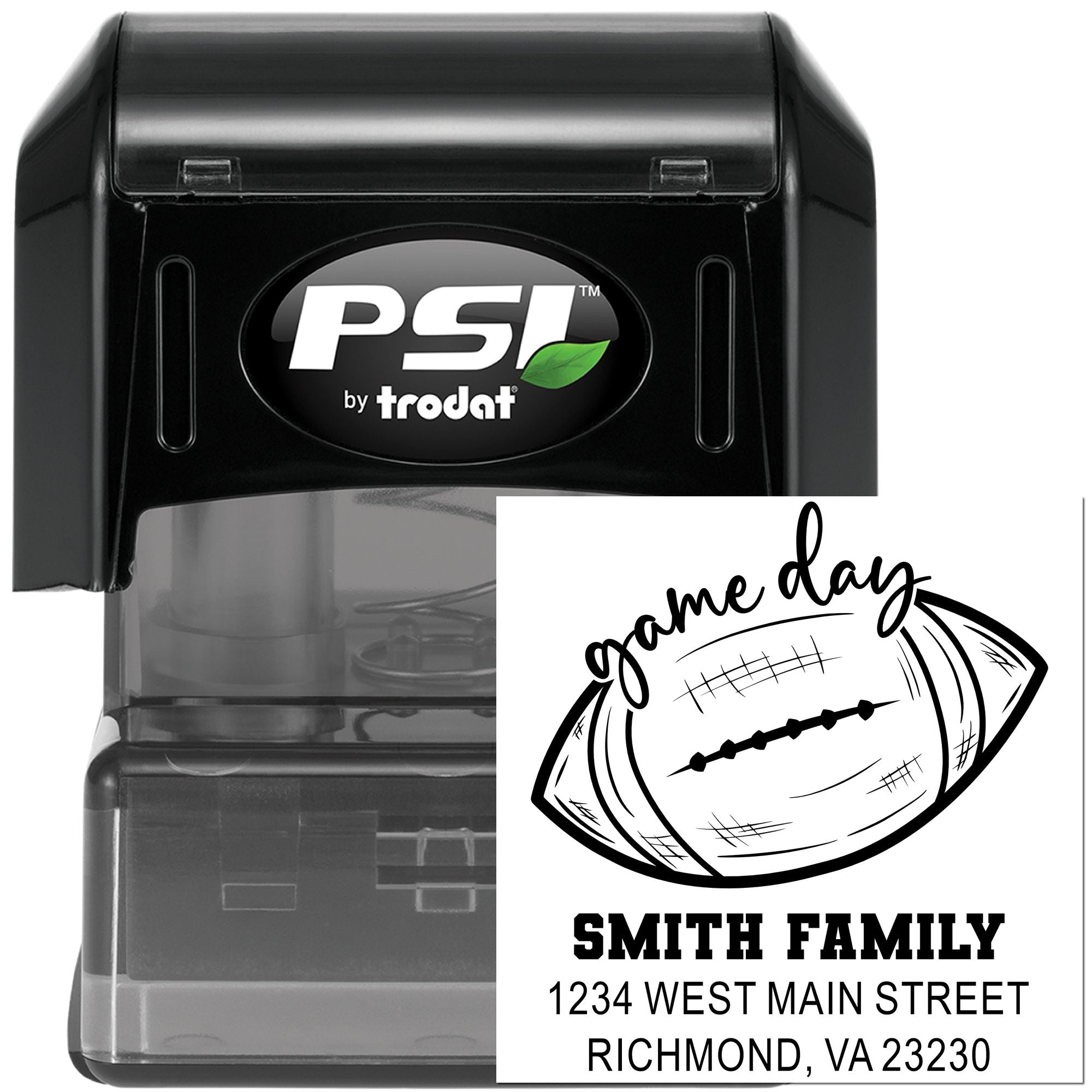 PSI by Trodat custom address rubber stamp with football game day design for Smith Family mailings