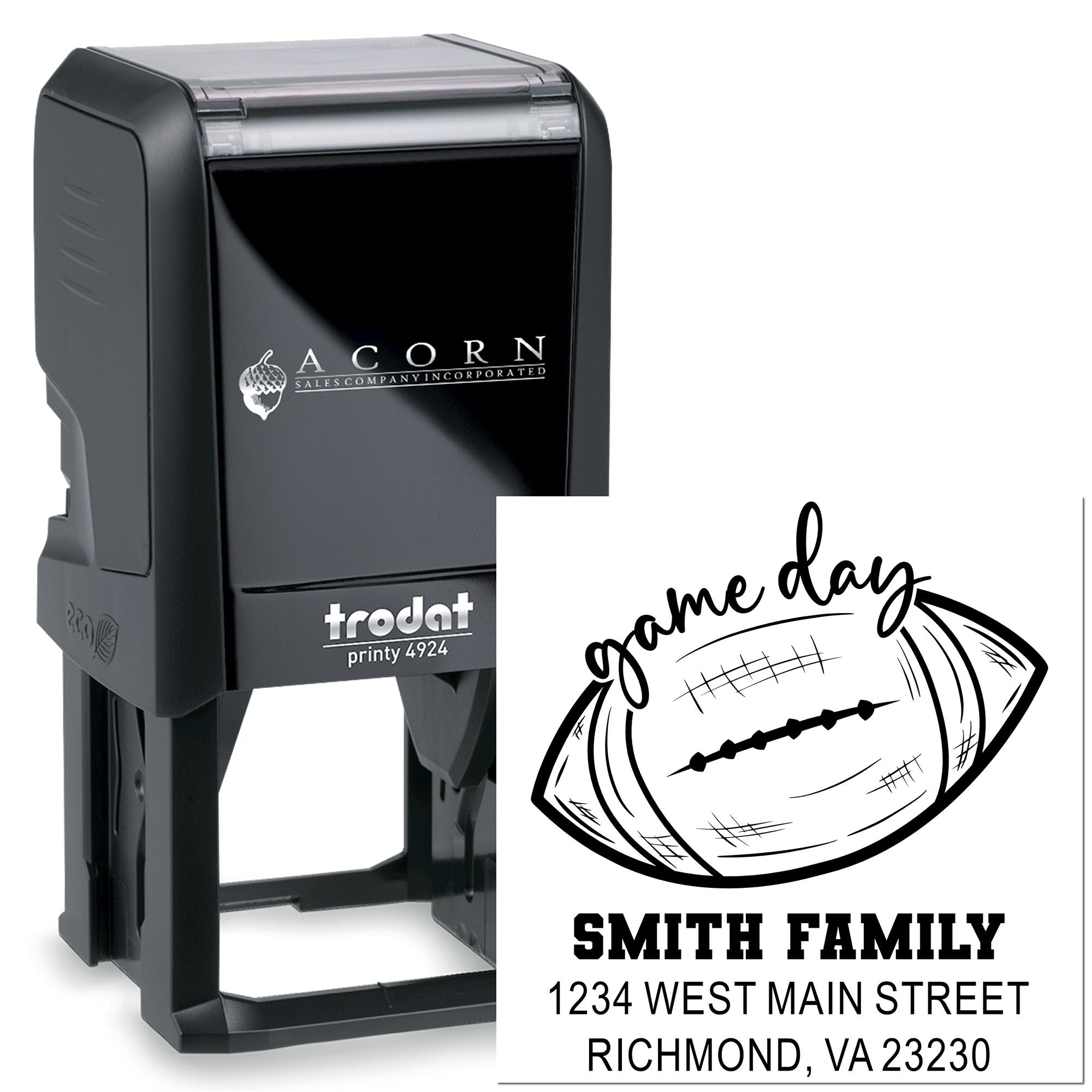Custom self-inking rubber stamp with football family address design for personalized return mail.