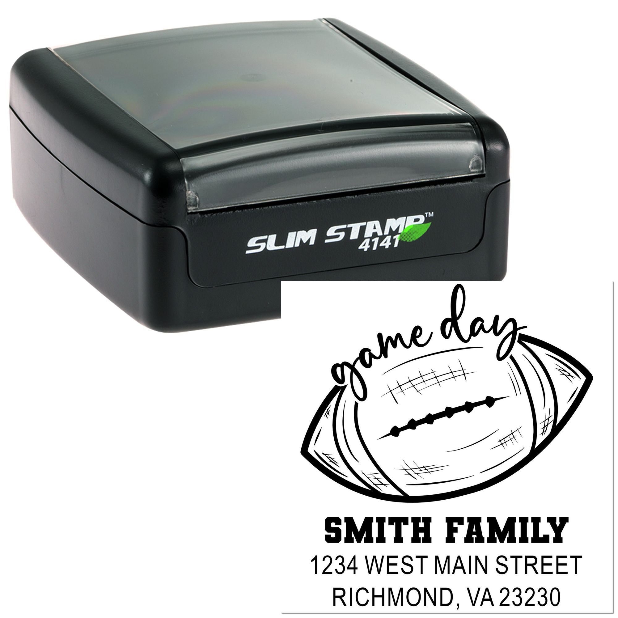 Football-themed custom self-inking rubber stamp for Smith Family address labels and game day mail.