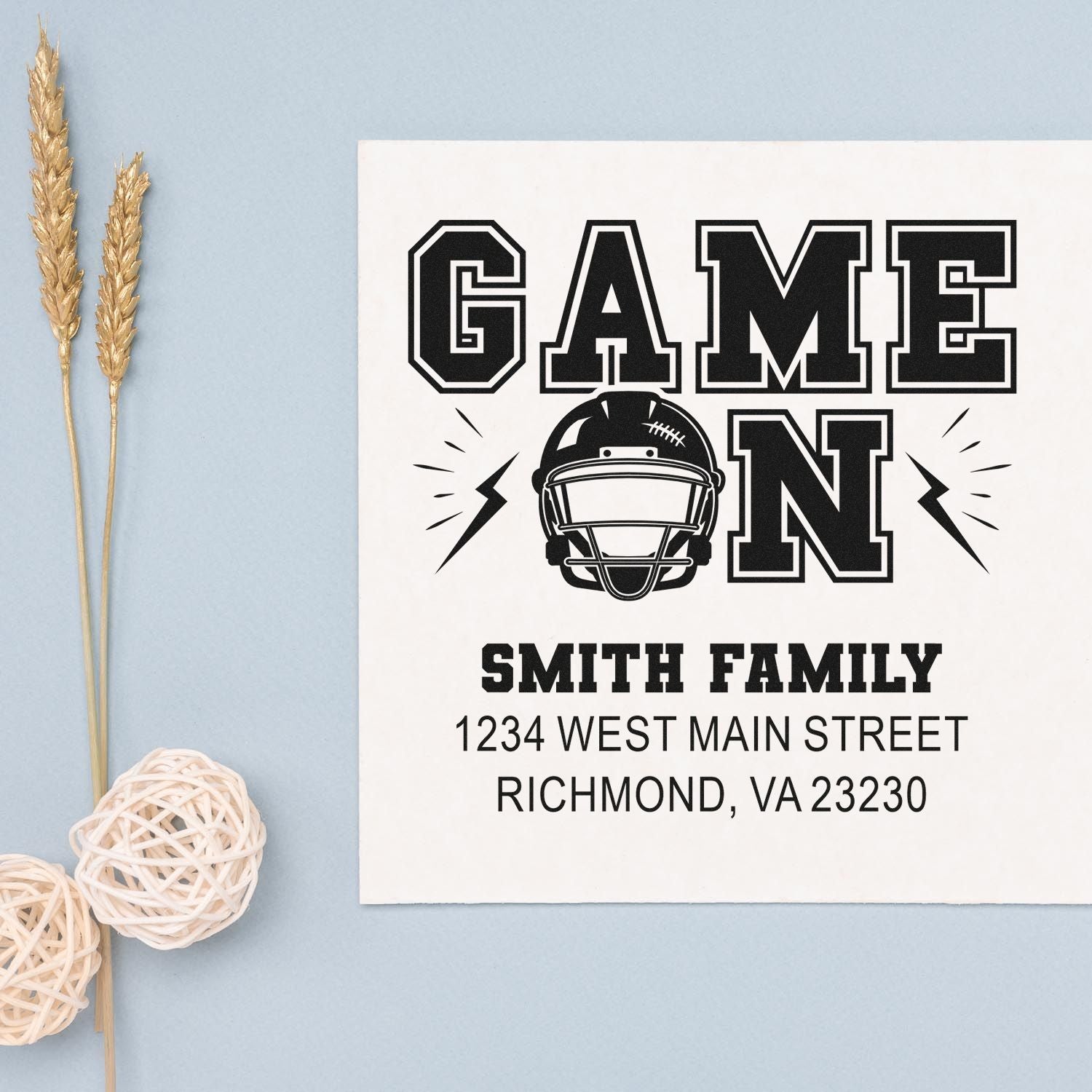 Personalized football Game On rubber stamp with Smith Family name and Richmond, VA address for custom return labeling.