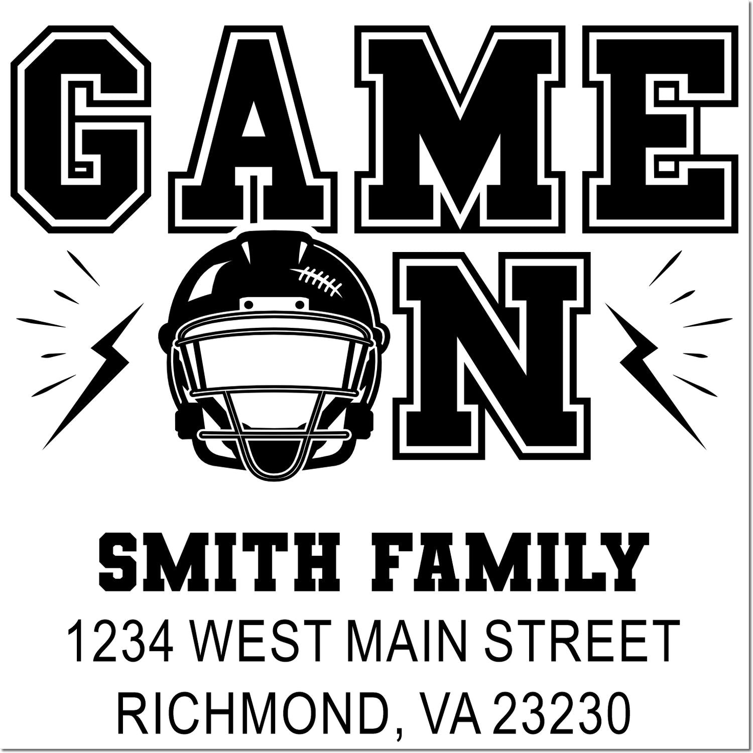 Custom football family return address rubber stamp design with helmet, GAME monogram, Smith family, and Richmond, VA.