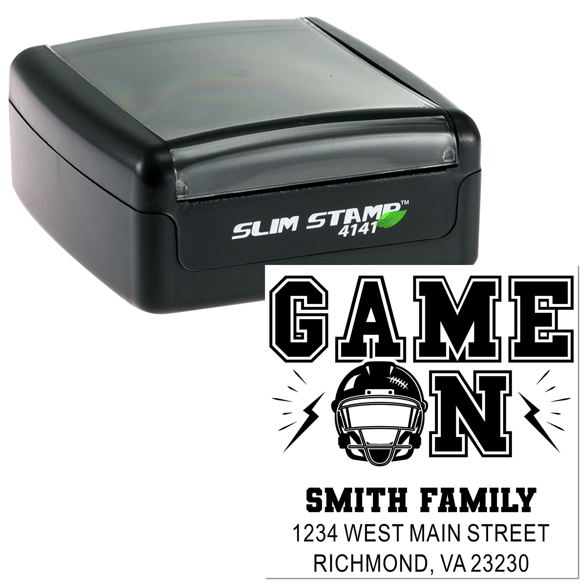 Custom self-inking rubber stamp with football helmet and Game On family address design.