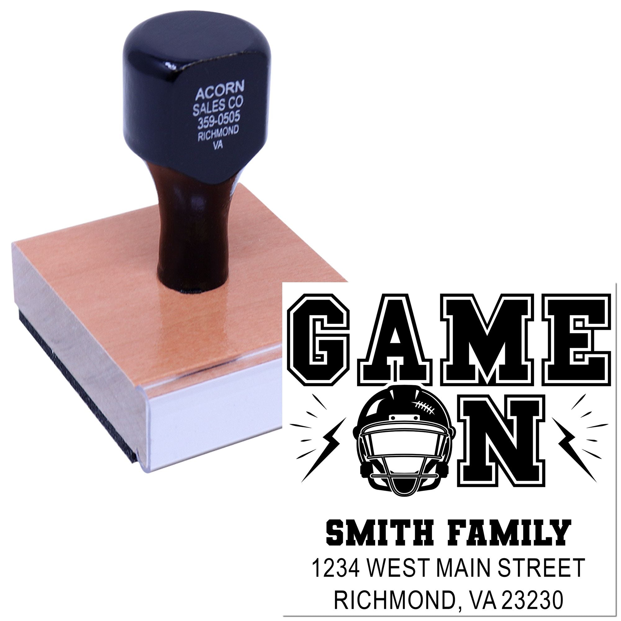 Personalized custom rubber stamp with football helmet design, Smith family name, and return address for sports-themed mailings.