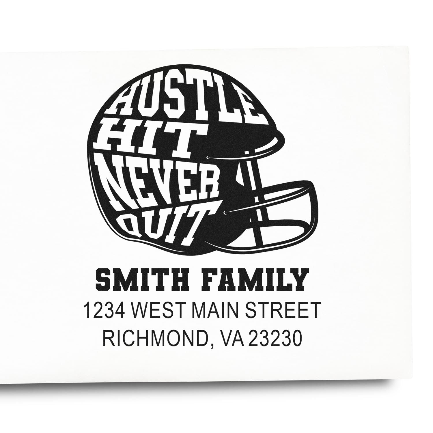 Custom football helmet return address rubber stamp for Smith Family, featuring Hustle Hit Never Quit and Richmond, VA address.