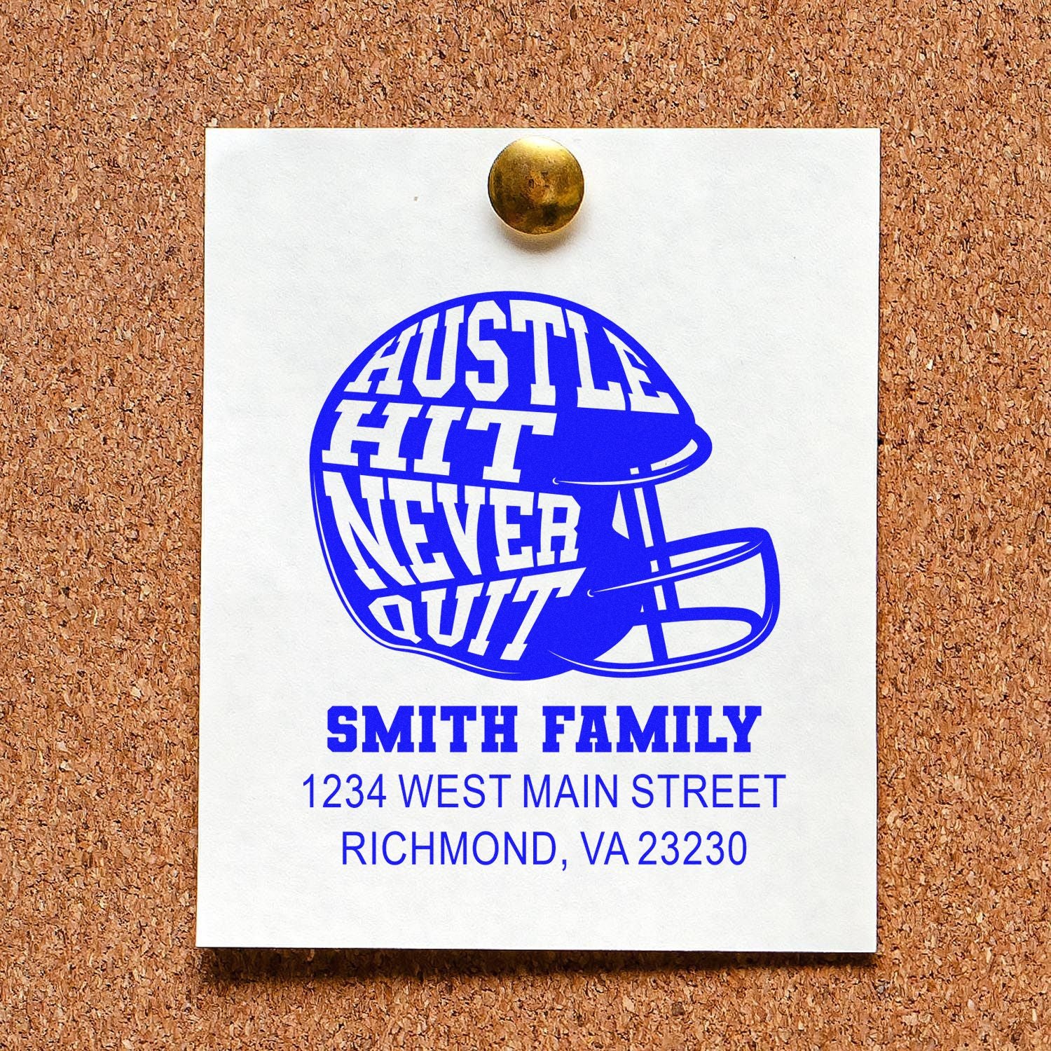 Personalized rubber stamp with football helmet design, Hustle Hit Never Quit slogan, Smith Family return address in Richmond, VA.