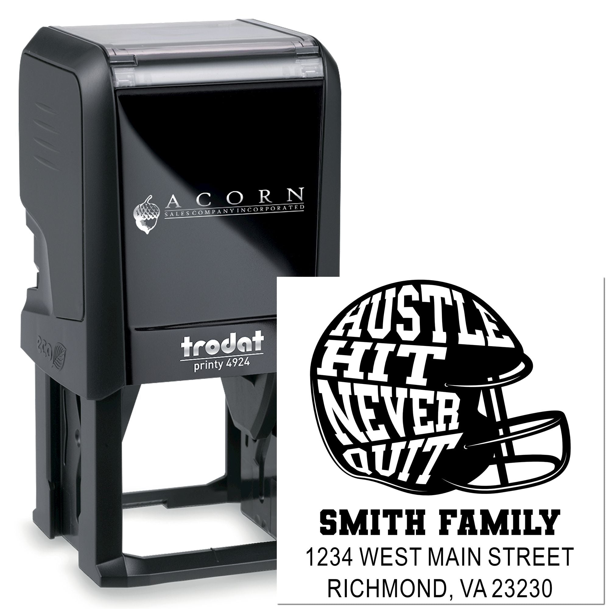 Trodat Printy 4924 custom self-inking rubber stamp with Hustle Hit Never Quit design and Smith Family return address imprint