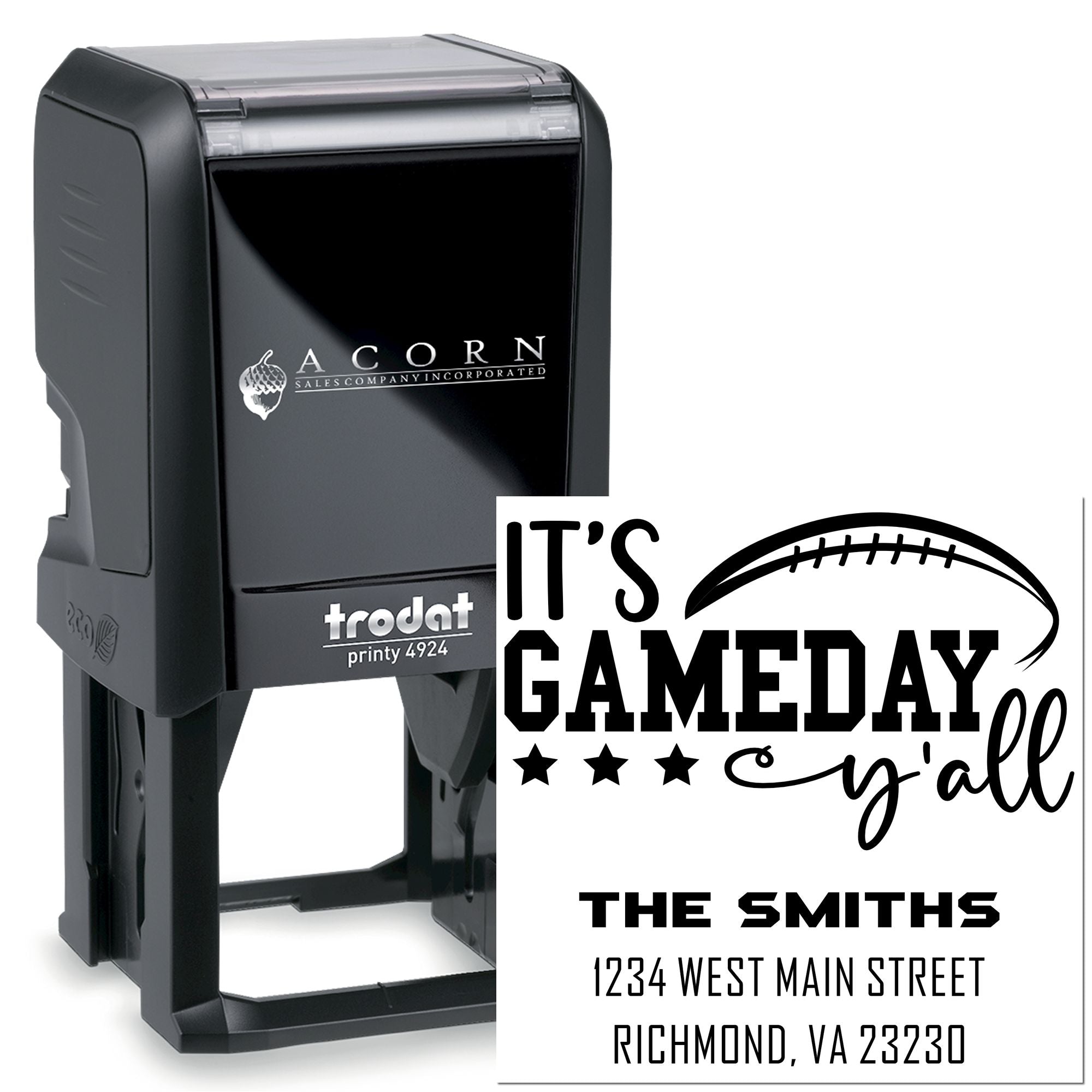 Custom self-inking rubber stamp with football Its Gameday yall return address design for The Smiths.