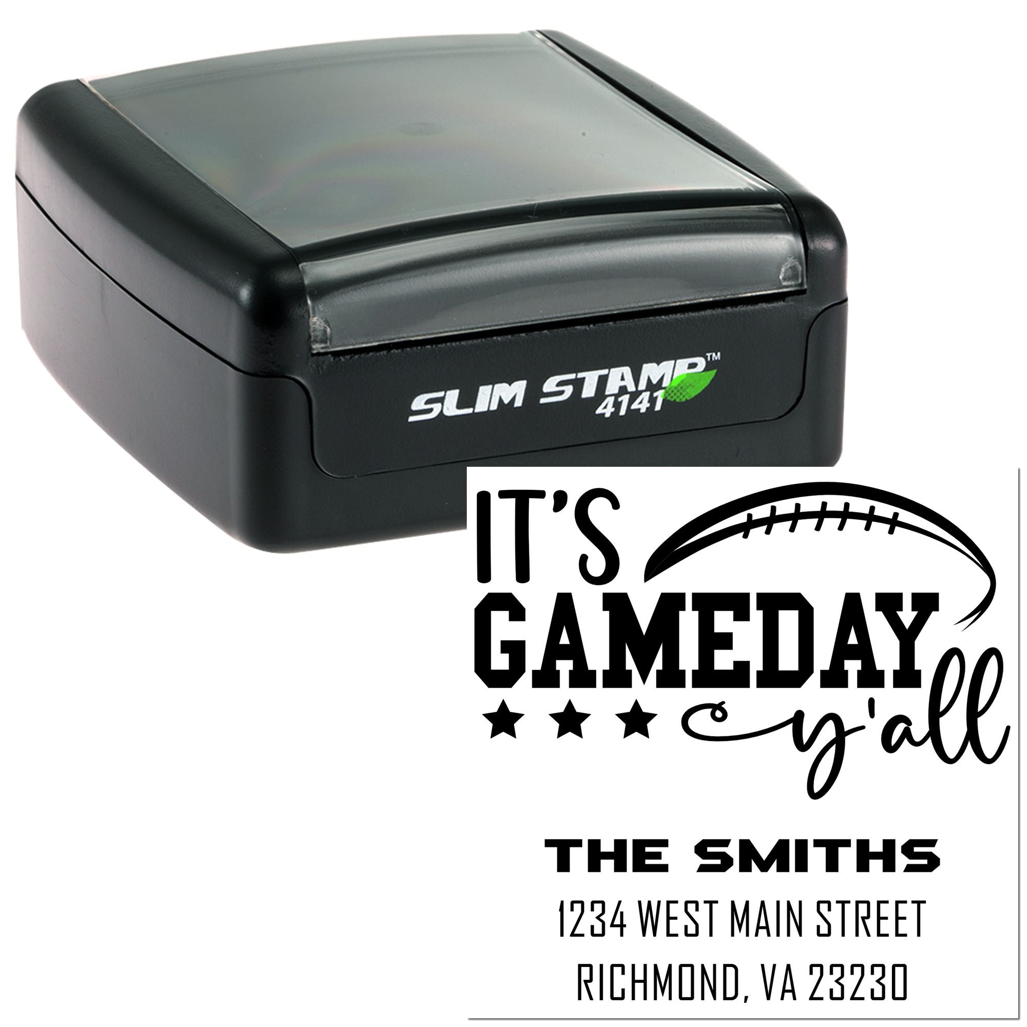 Custom self-inking rubber stamp with Its Gameday yall design, The Smiths, and return address