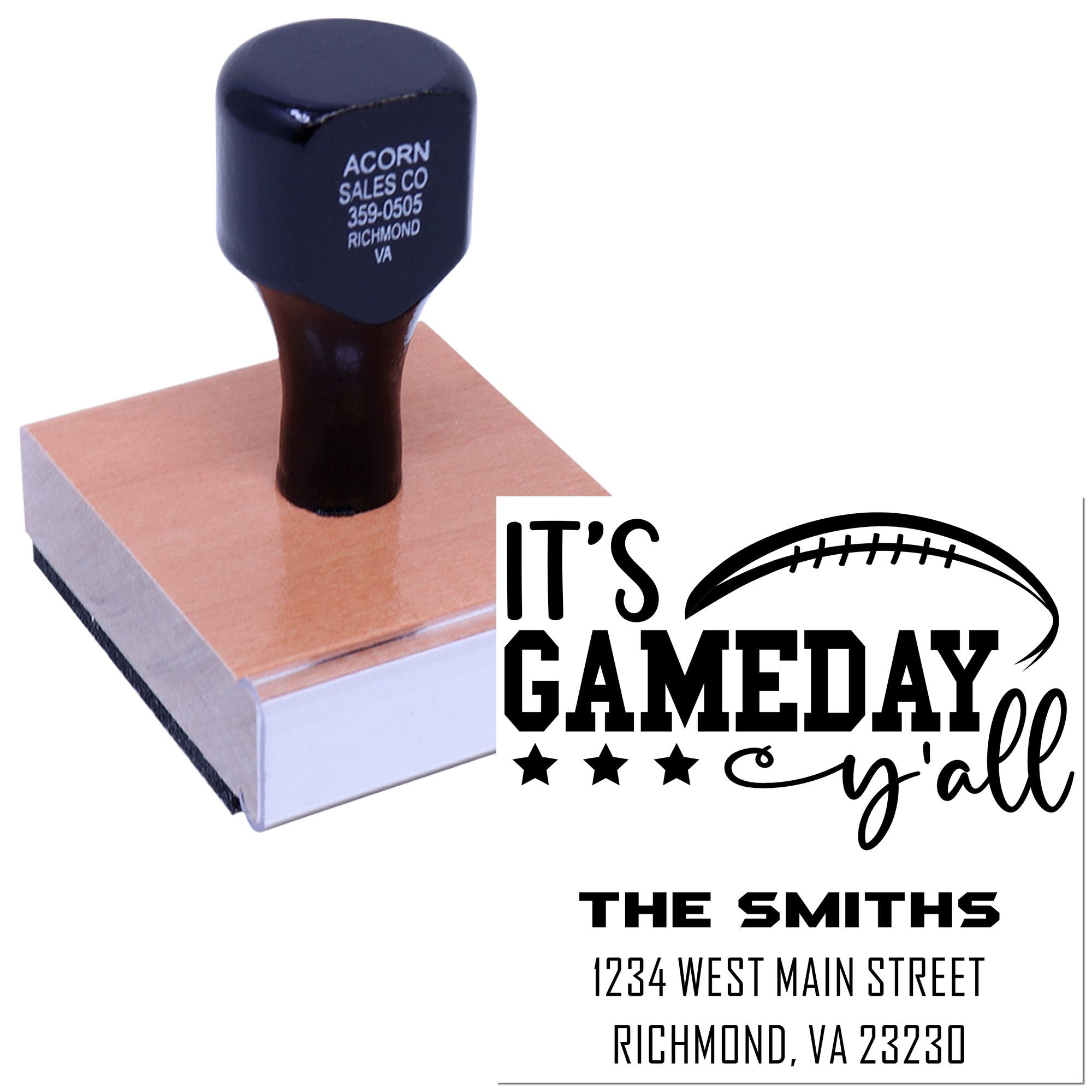 Custom football rubber stamp for game day invitations, featuring Its Gameday yall and The Smiths address.