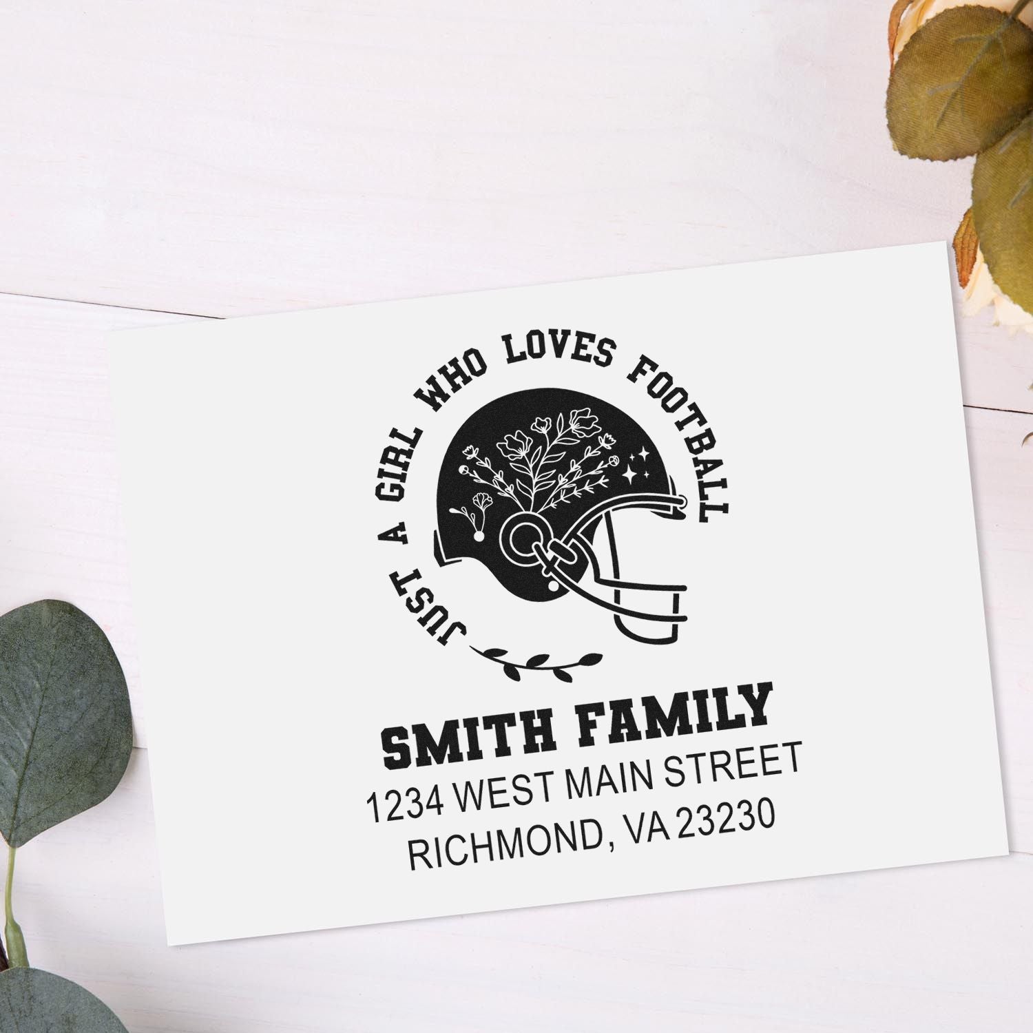Custom football fan return address rubber stamp for the Smith family, featuring a girl who loves football design.