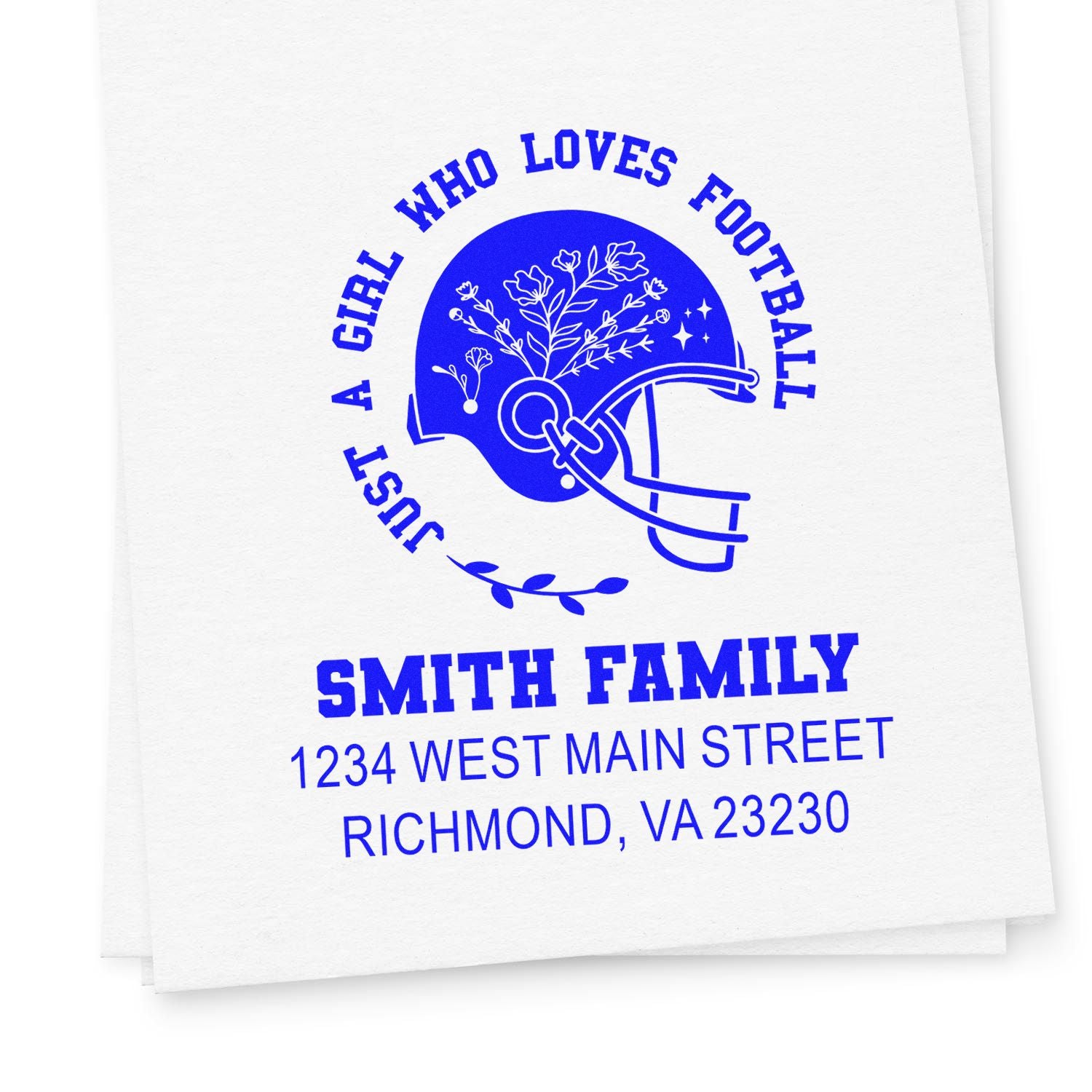 Custom rubber address stamp with football helmet design and A Girl Who Loves Football for Smith Family return address.