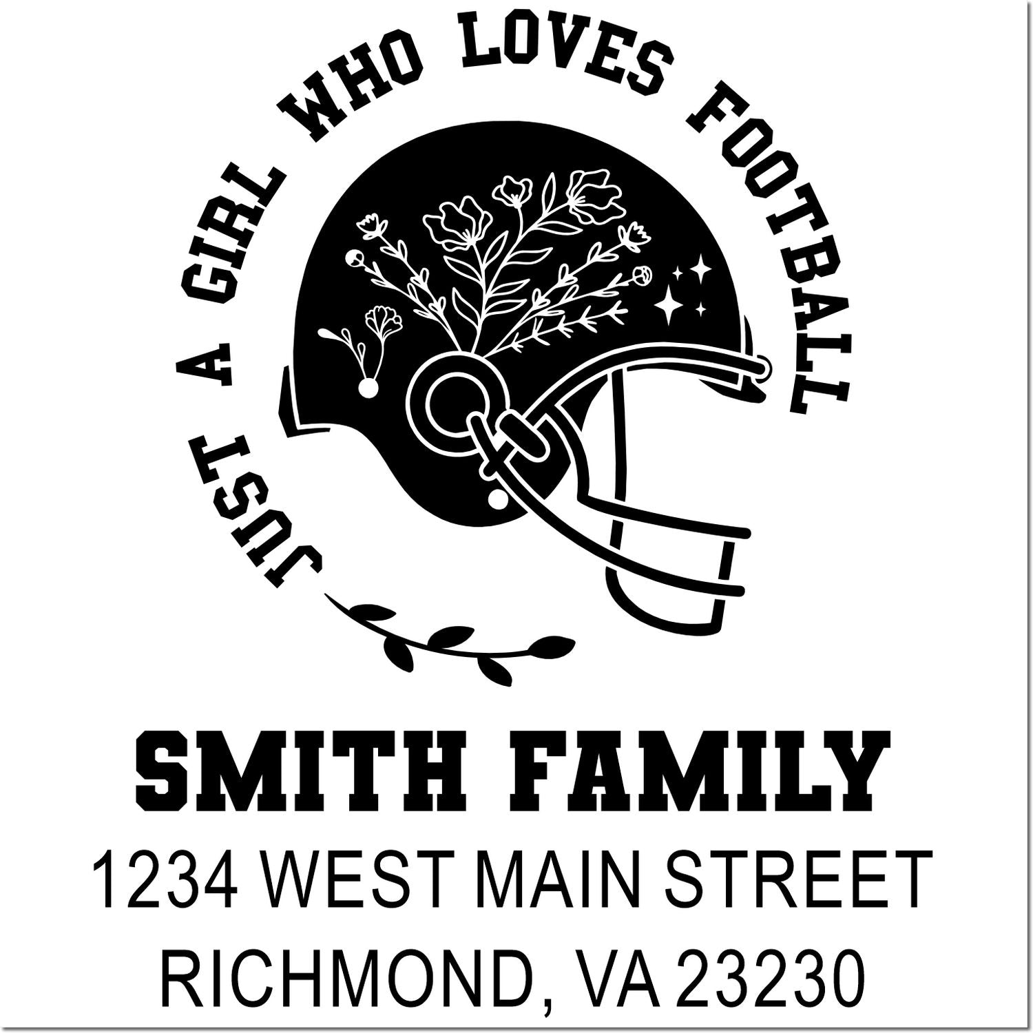 Custom football-loving girl family rubber stamp with helmet design, Smith family name, and Richmond, VA address.