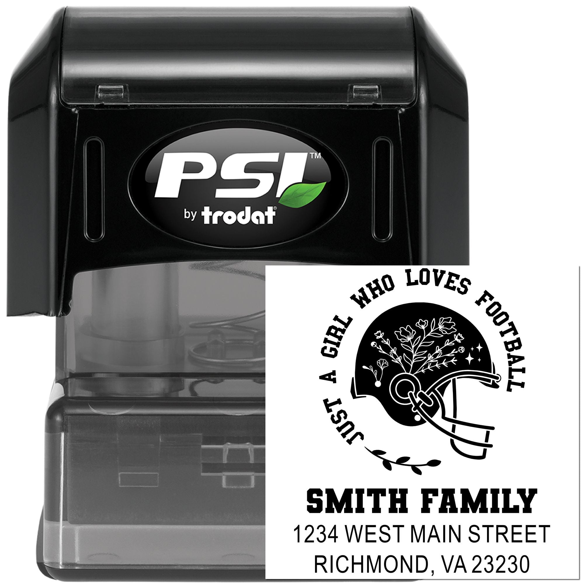 Custom self-inking rubber return address stamp for football fans, featuring family name and address design.
