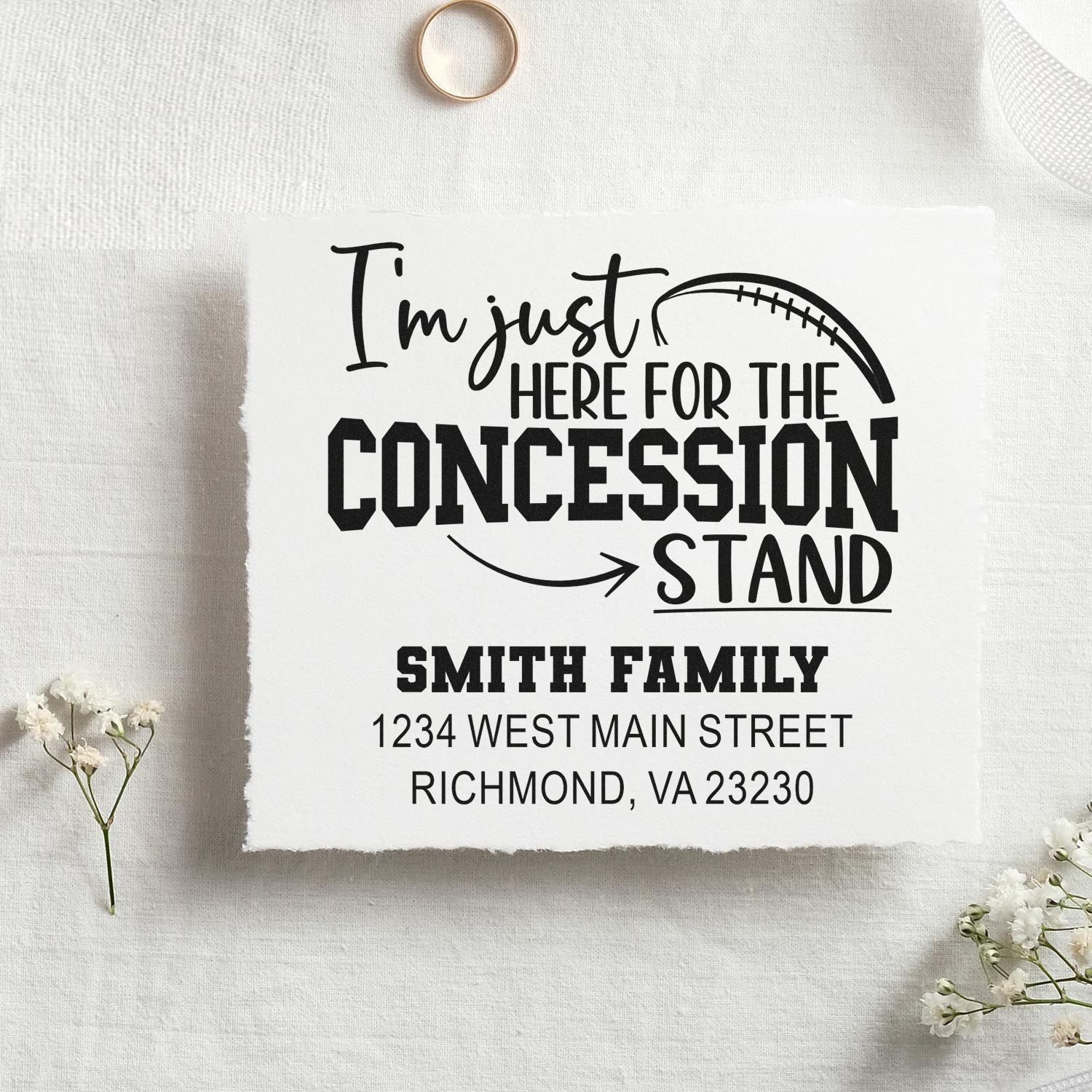 Custom football concession stand rubber stamp with Smith family name and address for events