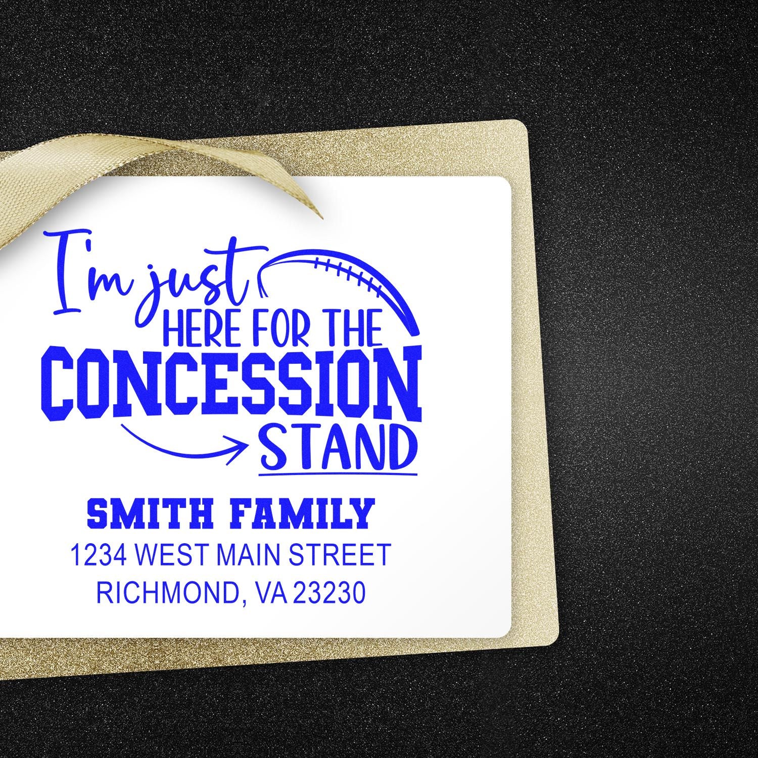 Custom football concession stand rubber stamp with family name and address for game-day mailings and labels.