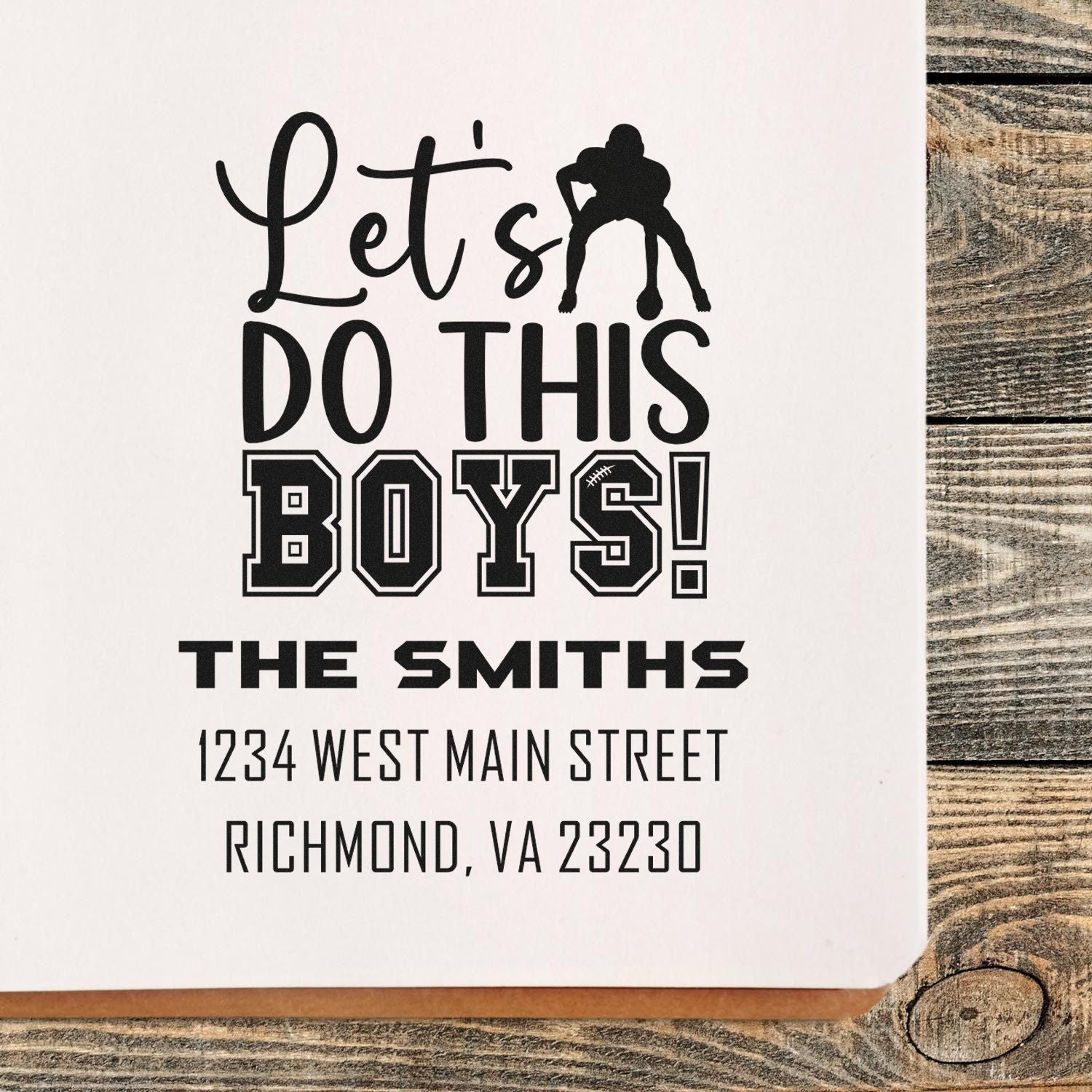 Custom rubber stamp design with Lets Do This Boys! family name, address, and baseball graphic.
