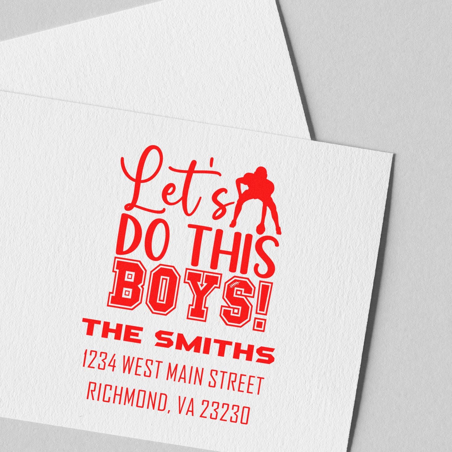 Custom boys sports return address rubber stamp design with Lets Do This Boys! and The Smiths, Richmond, VA 23230