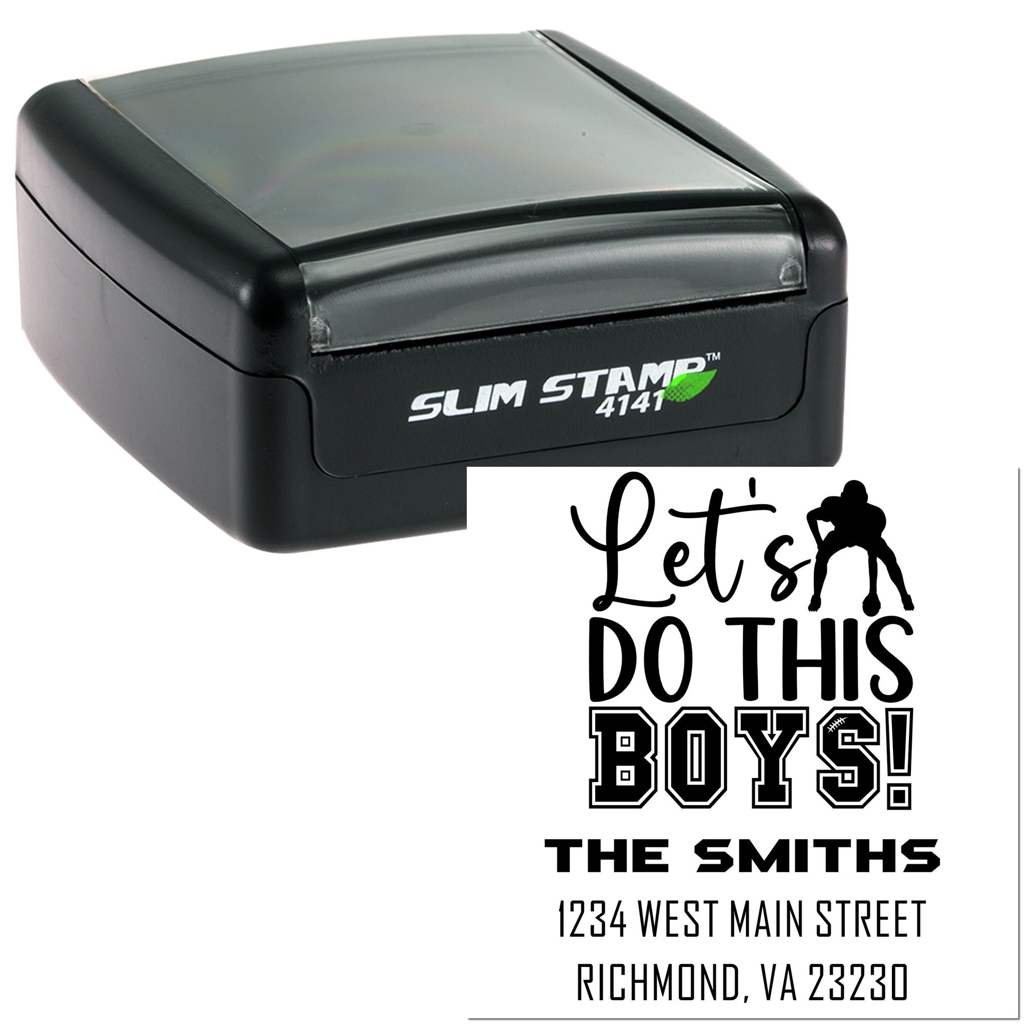 Custom Slim Stamp 4141 rubber stamp with sports-themed Lets Do This Boys! family return address design.