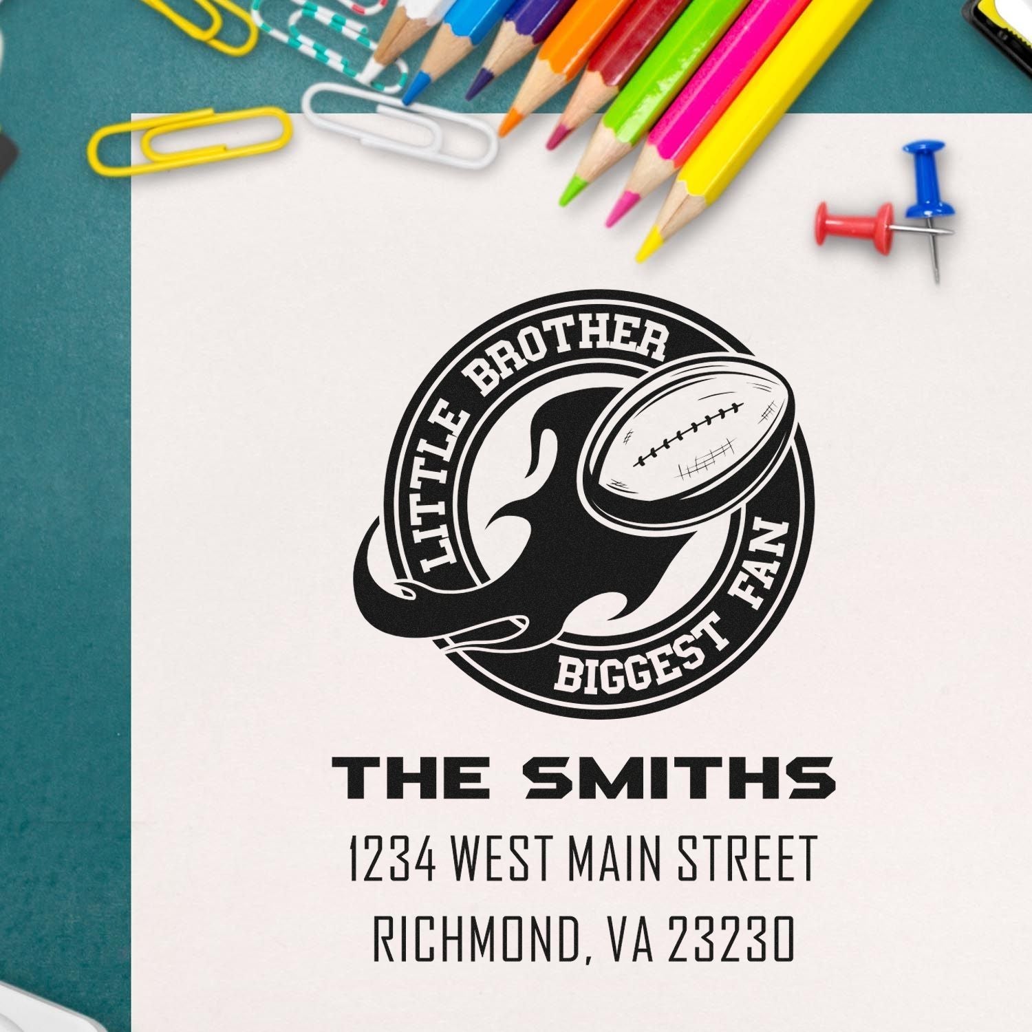 Custom football rubber address stamp with Little Brother Biggest Fan, The Smiths name, and Richmond, VA return address.