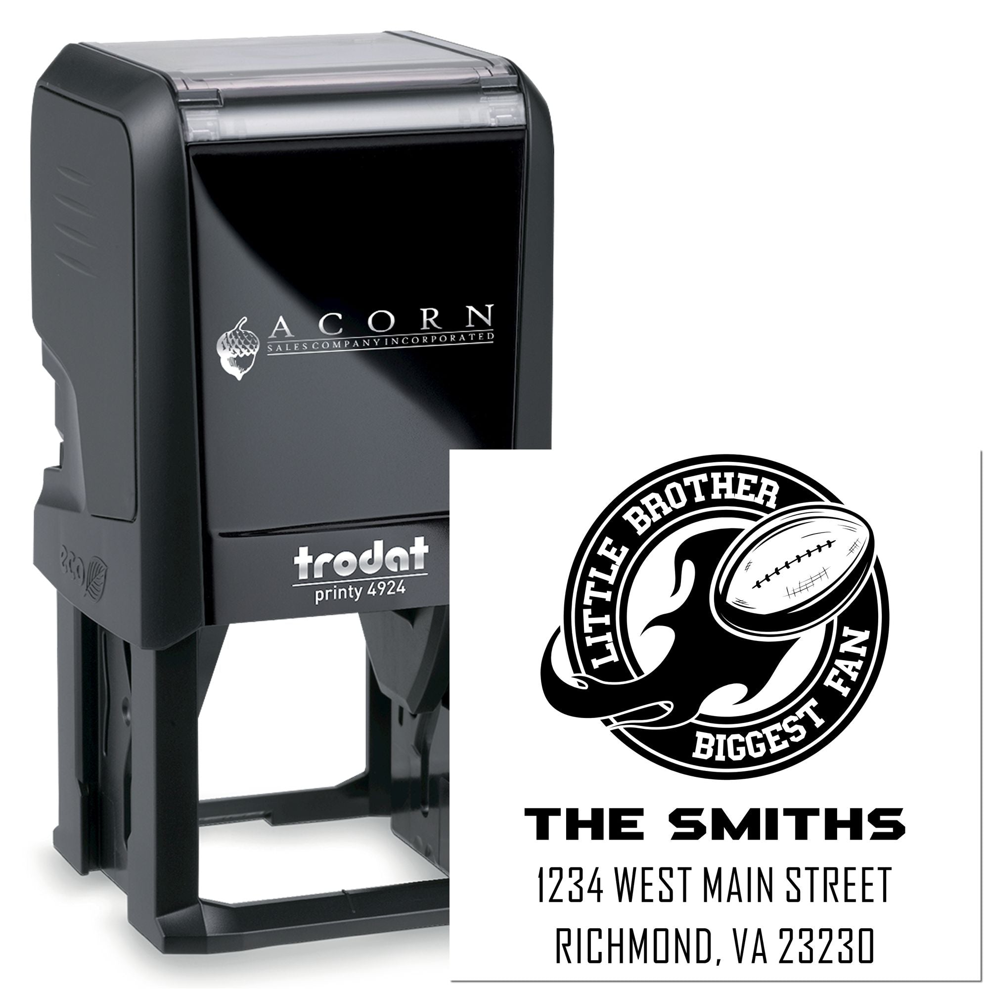 Custom self-inking rubber stamp with football logo and The Smiths address imprint for personalized business or family use.