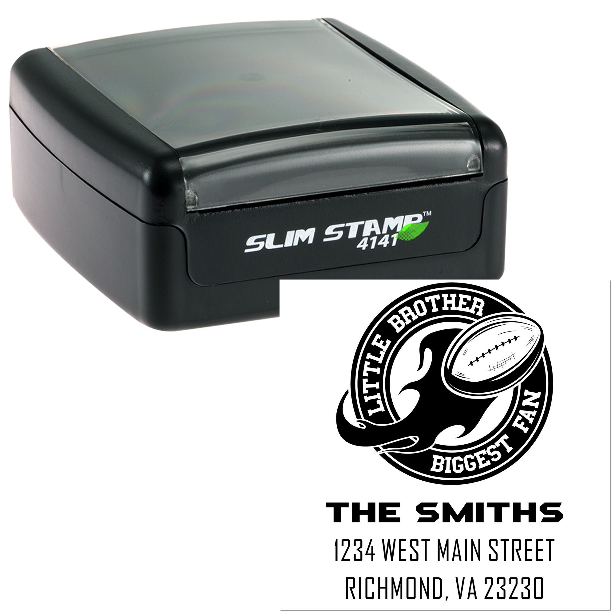 Custom self-inking rubber stamp with football fan logo, family name and address for personalized return addressing.