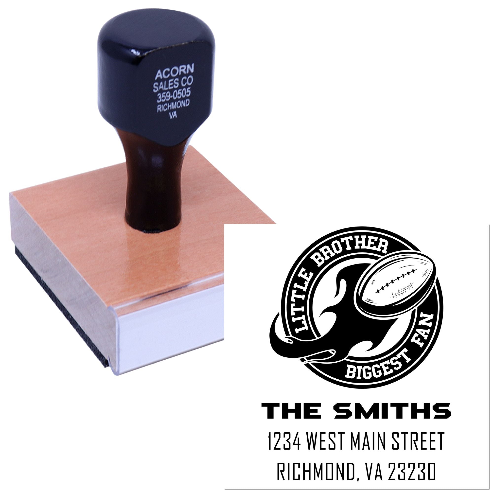 Custom football family address rubber stamp with The Smiths, Richmond VA, and personalized return address design for mailings.