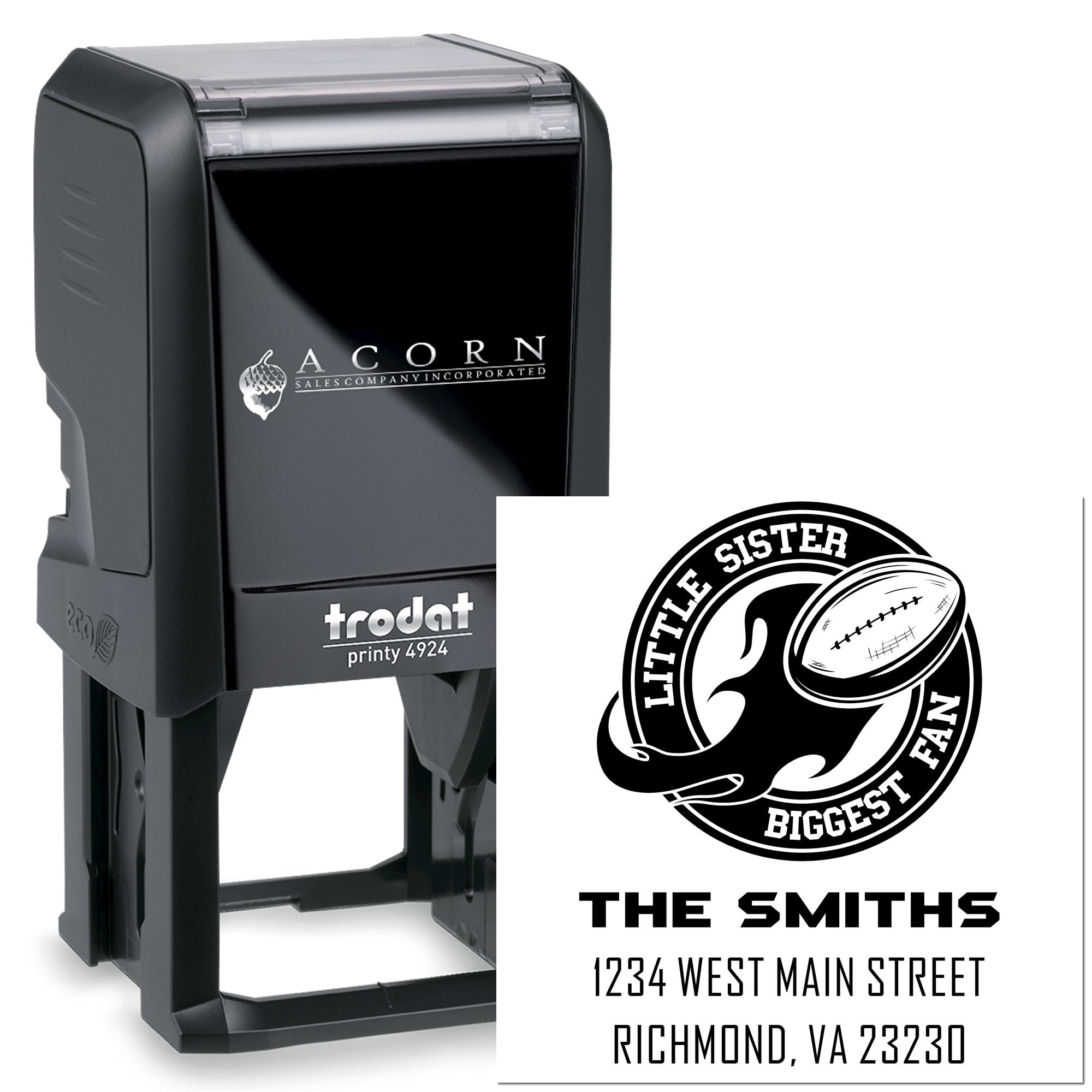 Trodat self-inking custom rubber stamp with Little Sister Biggest Fan football design and return address imprint