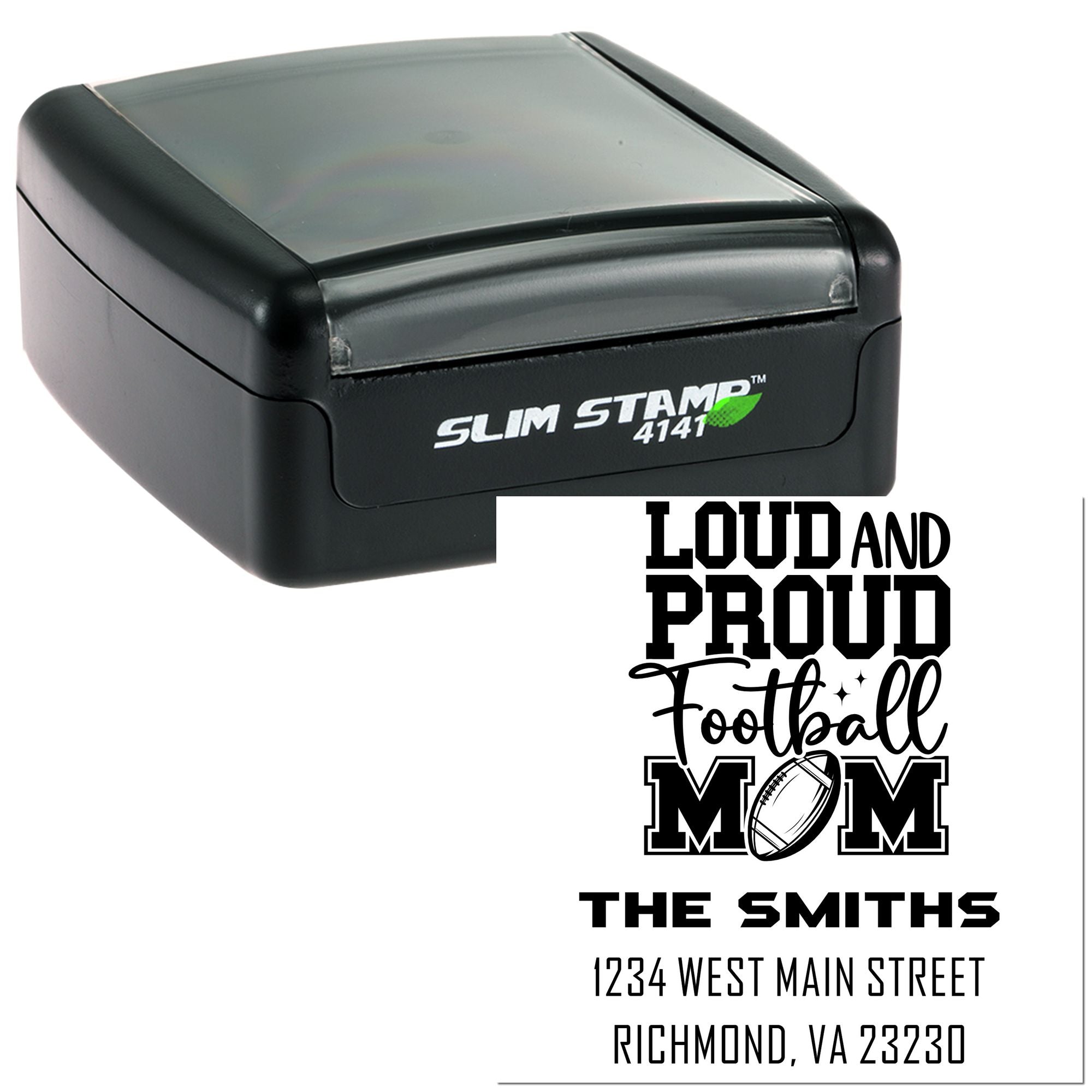 Slim Stamp 4141 self-inking rubber stamp showing a custom Loud and Proud Football Mom address stamp design.