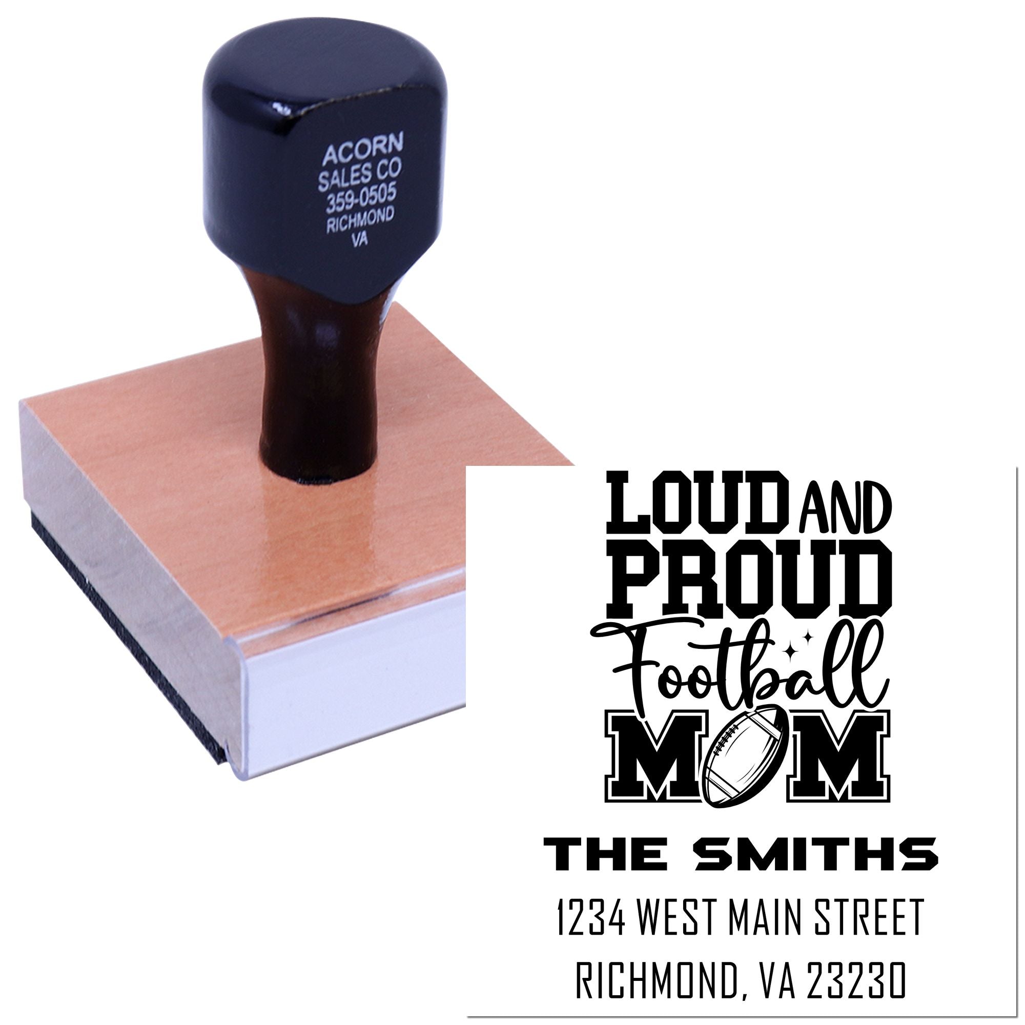 Custom rubber stamp for football mom with personalized name and address, ideal for crafting, mailings, and branding.