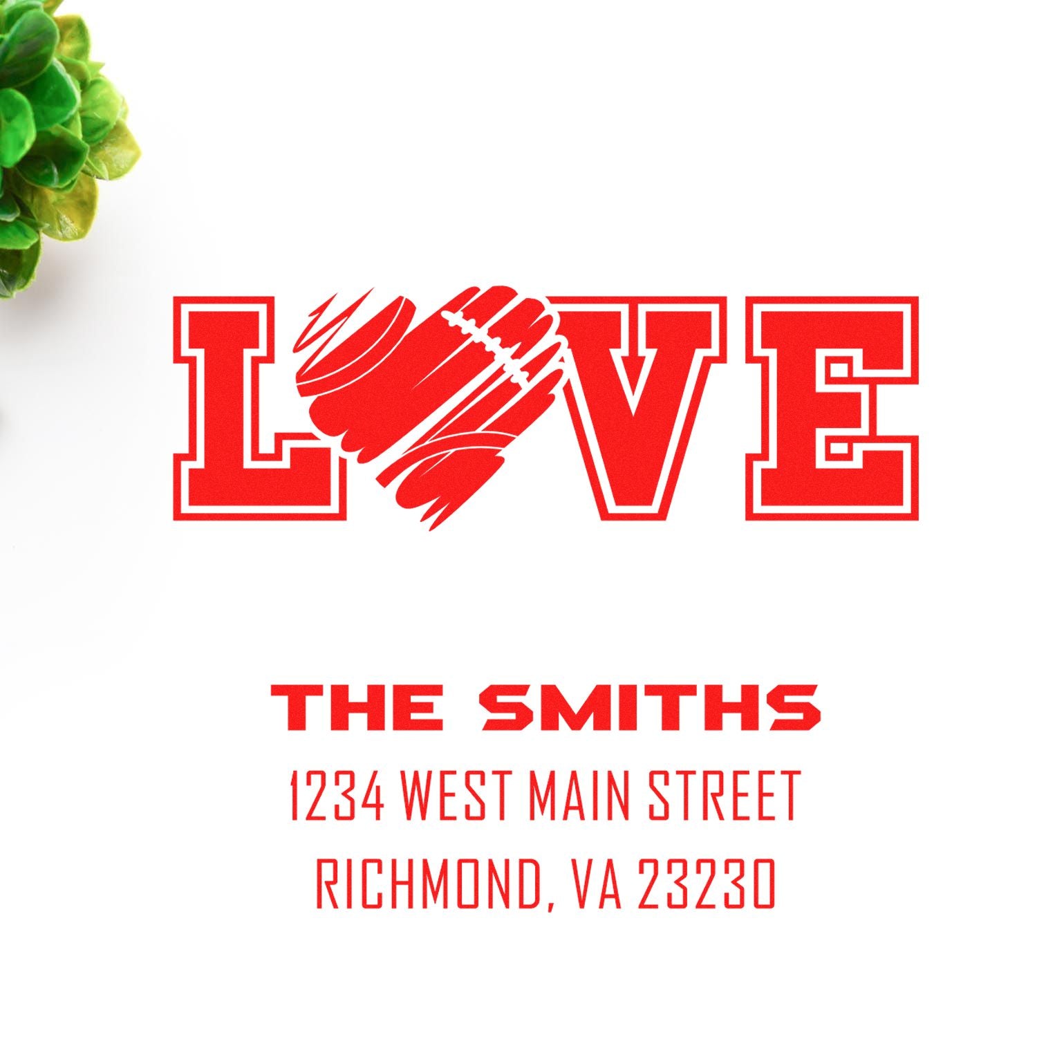 Custom LOVE return address rubber stamp design with The Smiths, 1234 West Main Street, Richmond, VA 23230.