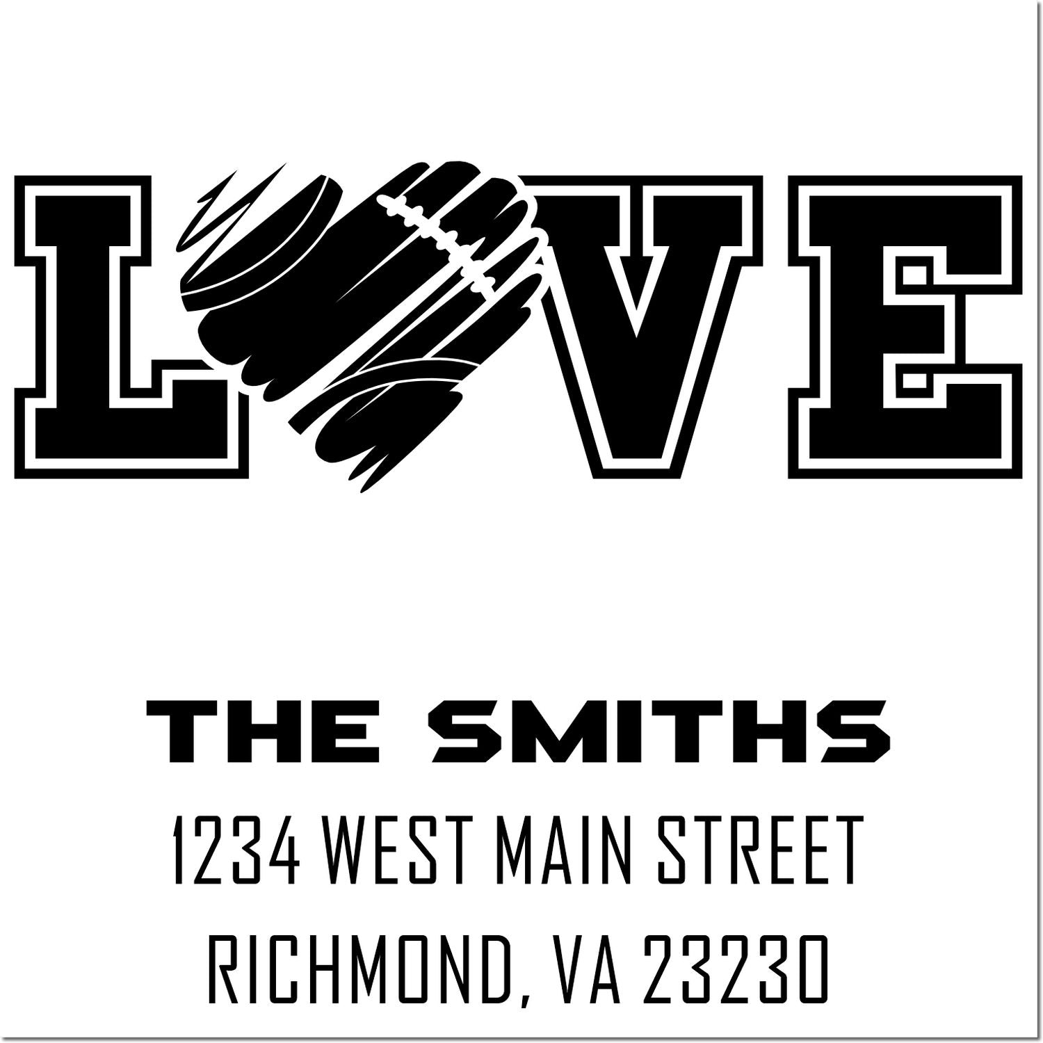 Custom LOVE rubber stamp with heart graphic, The Smiths name, and Richmond, VA return address for envelopes.