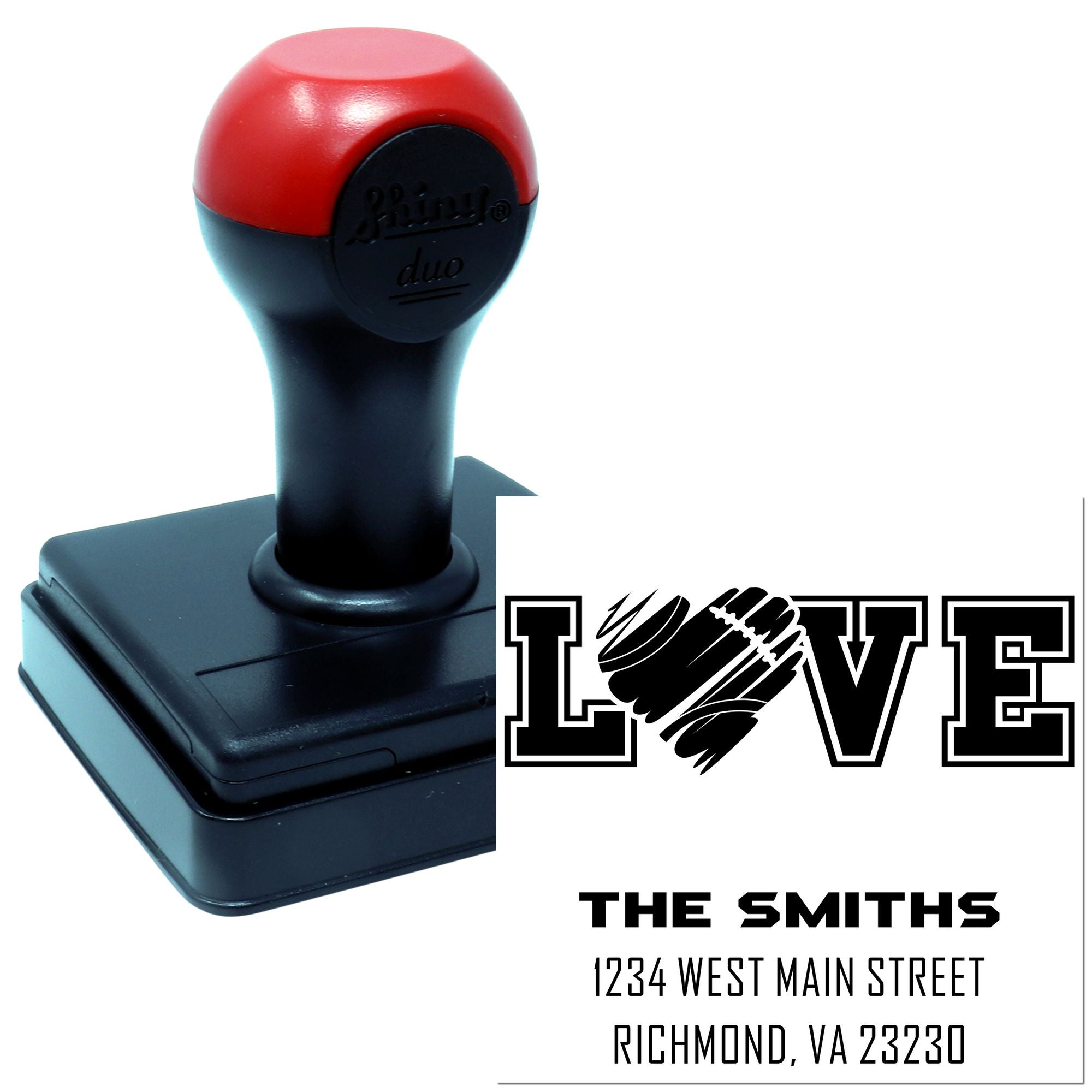Custom self-inking rubber return address stamp with LOVE design, family name, and Richmond, VA mailing address