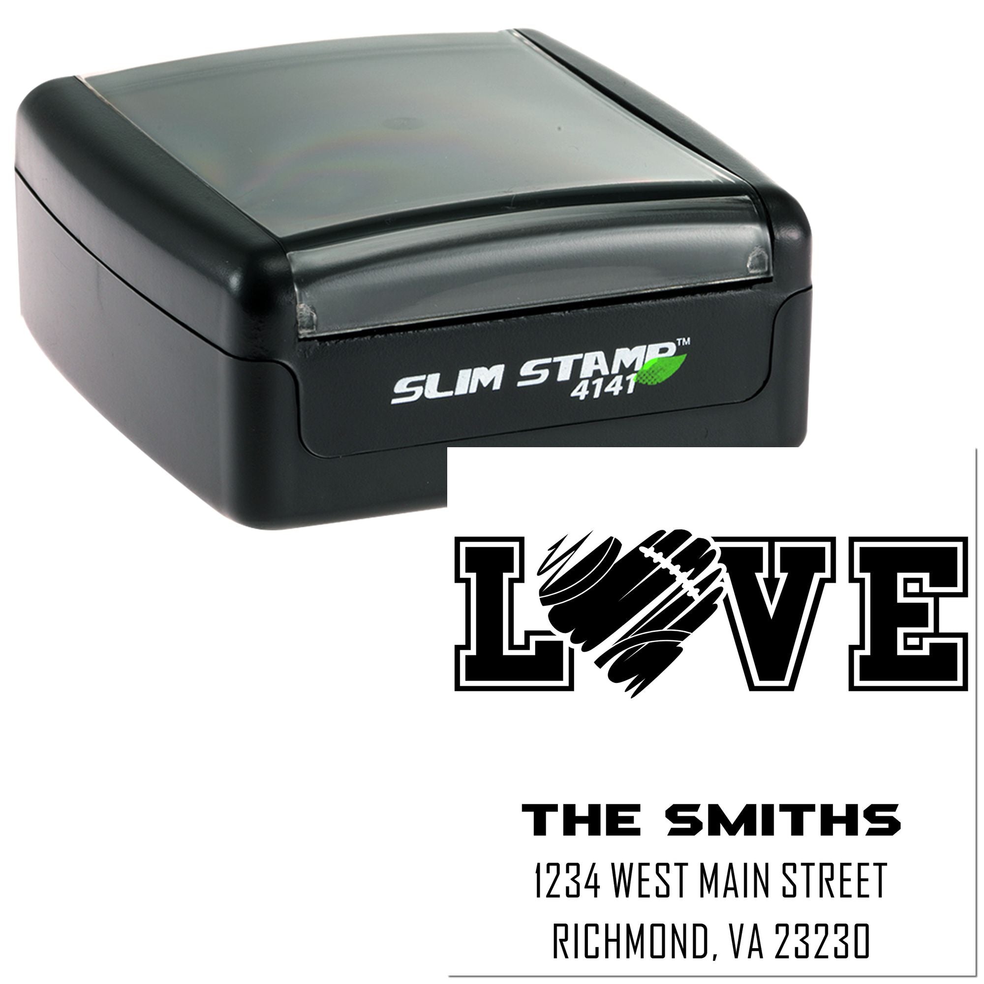 Custom self-inking rubber stamp with LOVE design and The Smiths address, shown in Slim Stamp 4141 case.