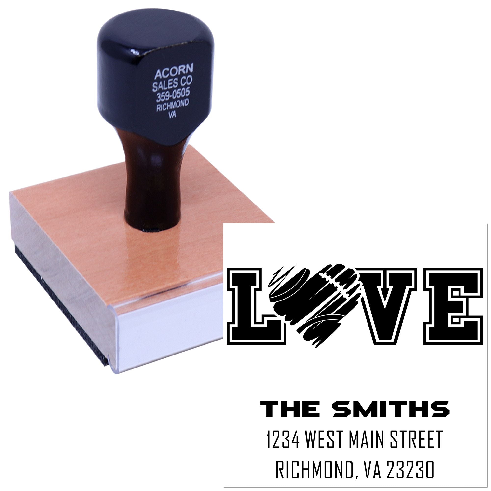 Custom rubber address stamp with LOVE design, The Smiths name, and Richmond, VA address for wedding invitations.