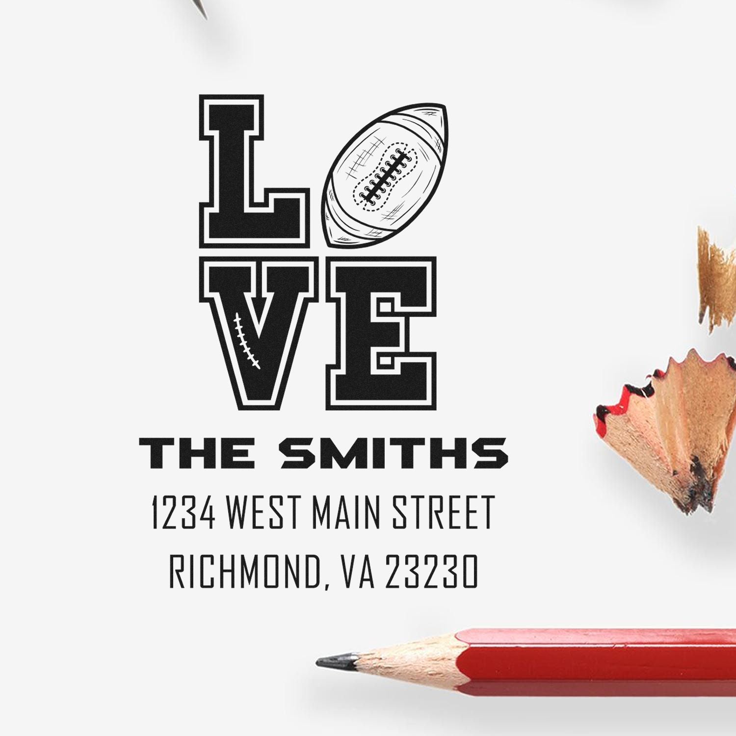 Personalized return address rubber stamp with football LOVE design for The Smiths, Richmond, VA 23230.