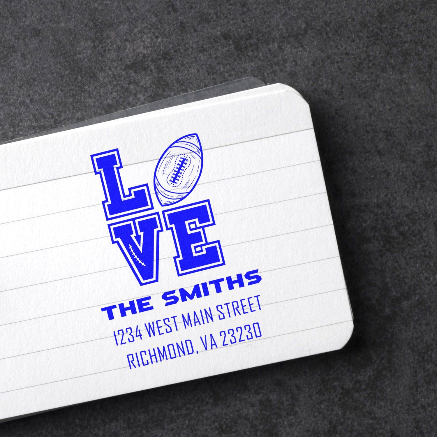 Custom football LOVE return address rubber stamp for The Smiths, with family name and Richmond, VA address.
