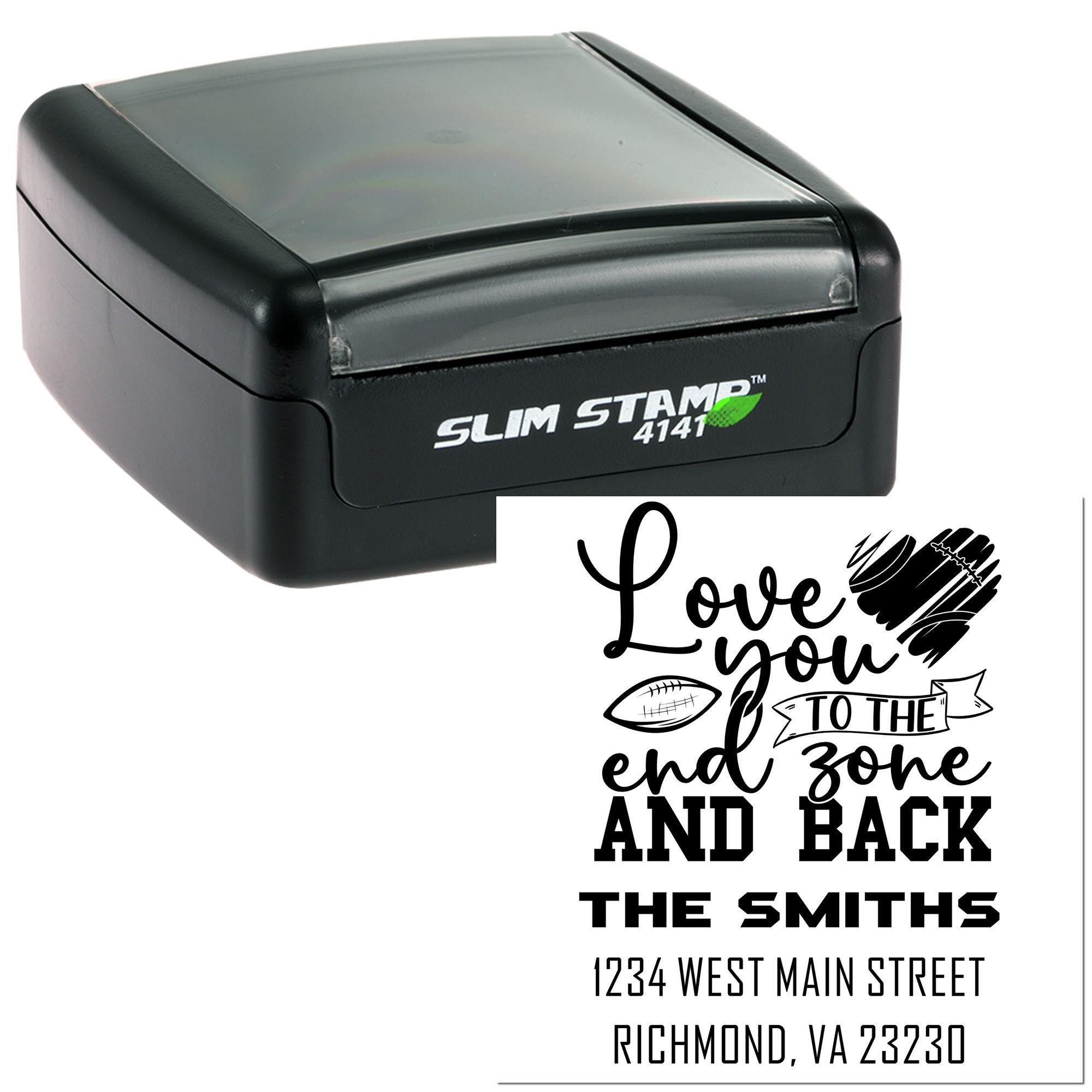 Personalized football rubber stamp with Slim Stamp 4141 case and custom Love You to the End Zone and Back return address design.