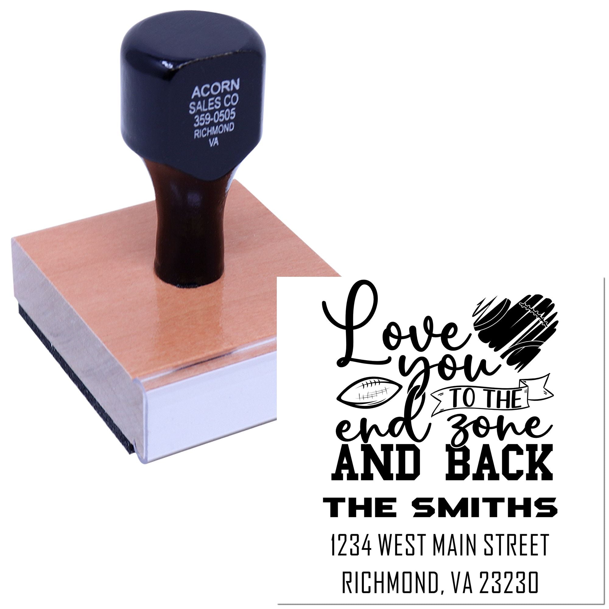 Football-themed custom address rubber stamp for personalized mail: Love you to the end zone and back, The Smiths.