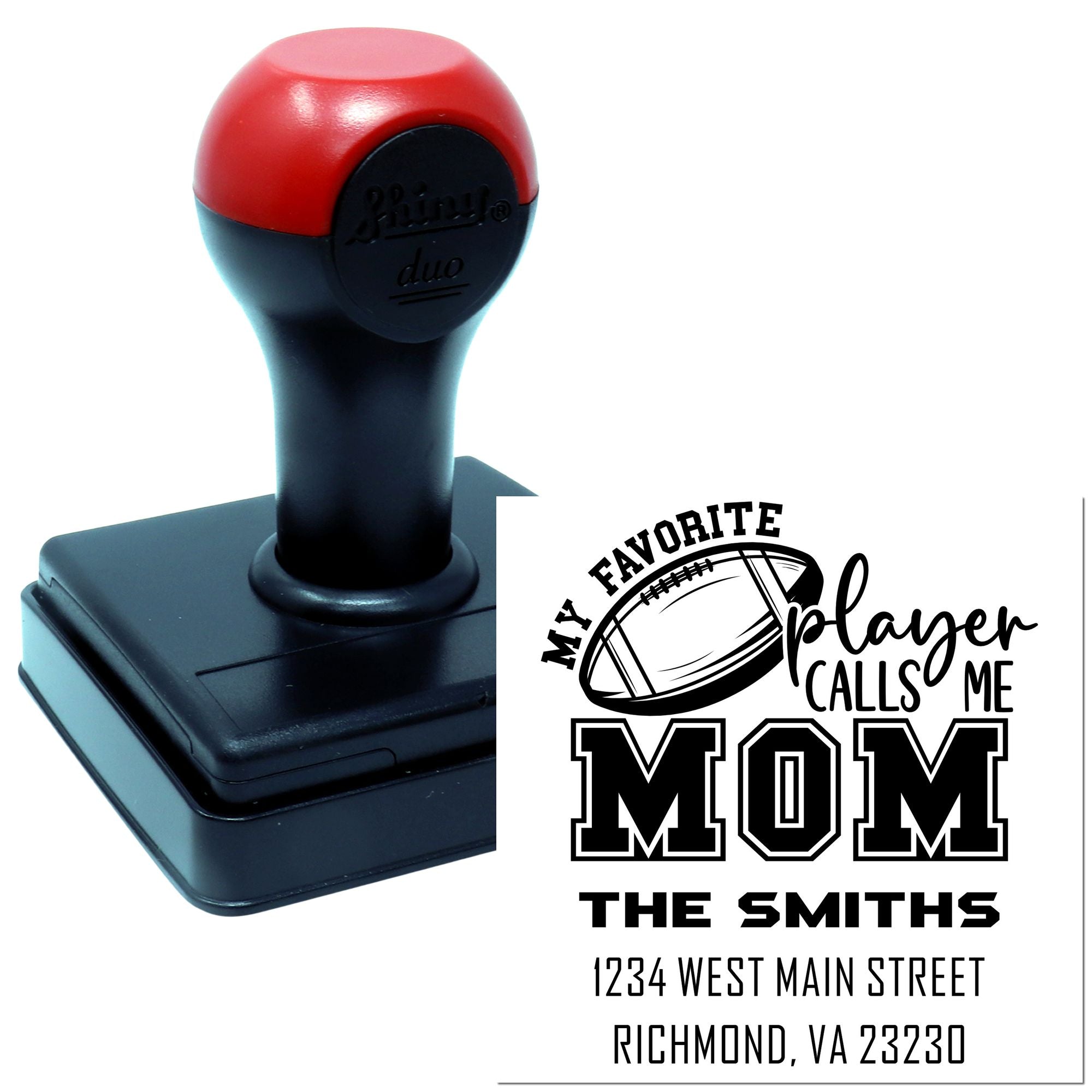 Custom self-inking rubber stamp for sports moms with football design, personalized name, address, and city imprint.
