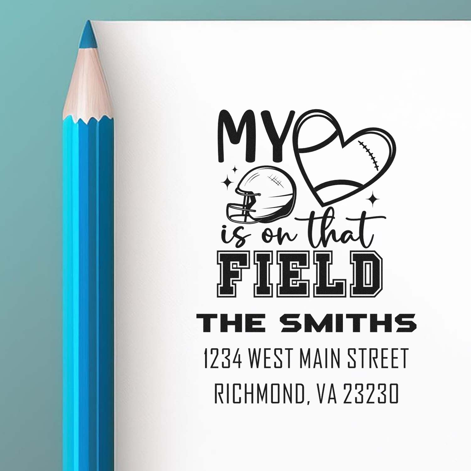 Personalized rubber stamp with football and baseball My heart is on that field design, plus The Smiths address.