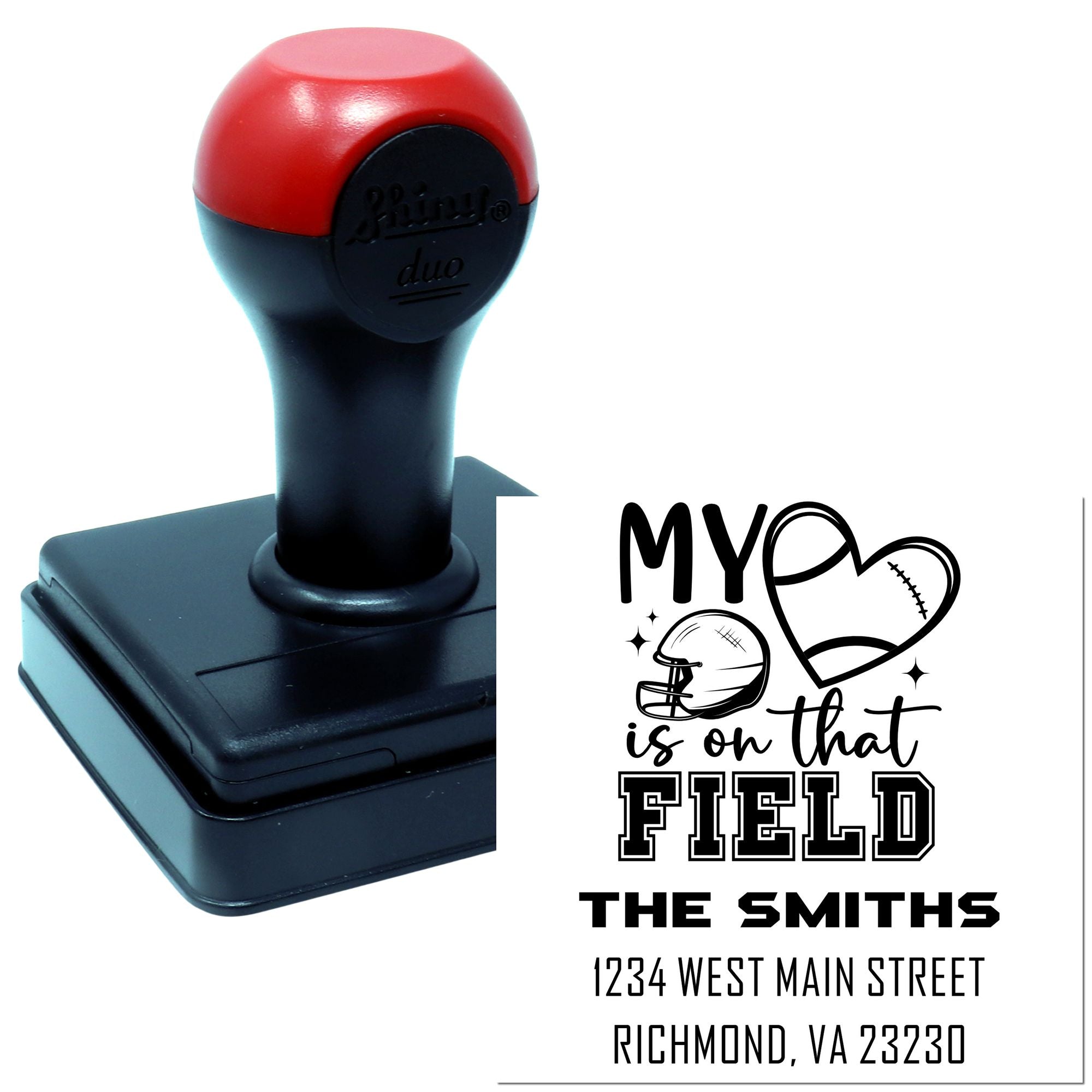 Custom football-themed self-inking address rubber stamp for The Smiths in Richmond, VA