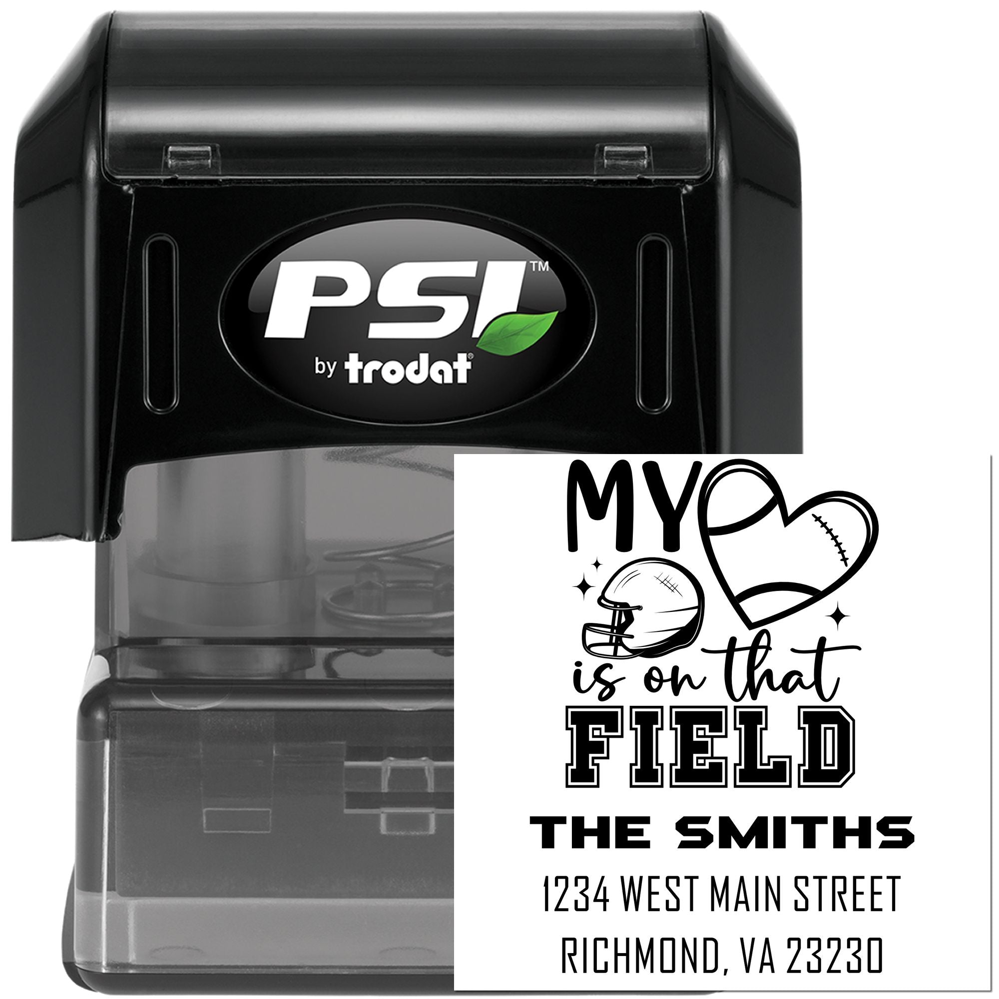 Custom self-inking rubber stamp by PSI Trodat with football-themed family address design, My heart is on that field.