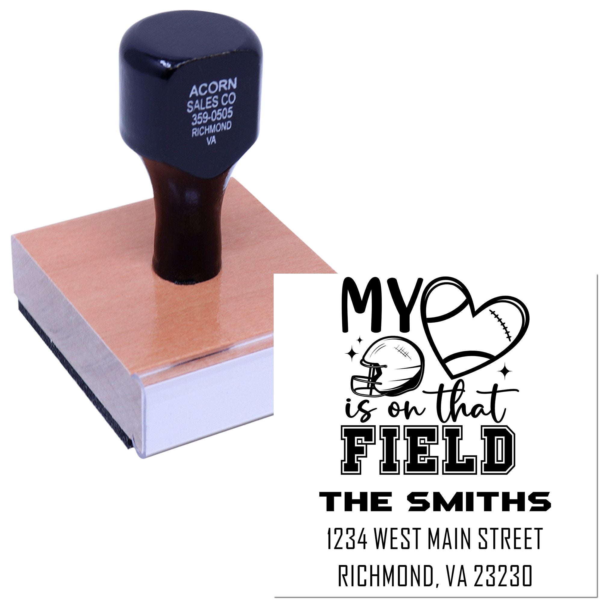 Personalized rubber stamp with football-themed design, family name, and Richmond, VA address for custom sports stamping.