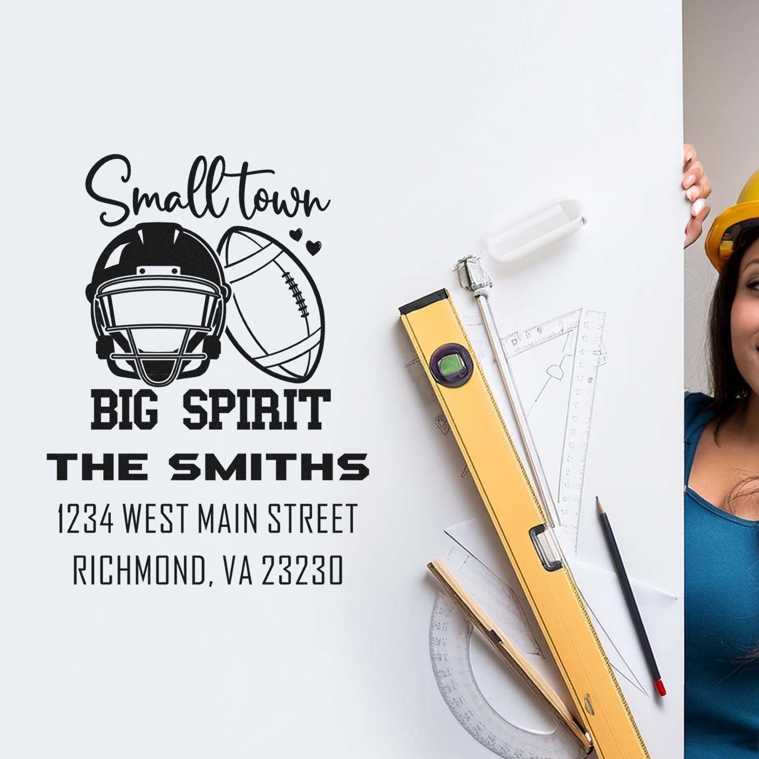 Custom football-themed rubber stamp proof for The Smiths return address, featuring Small Town Big Spirit and a helmet.