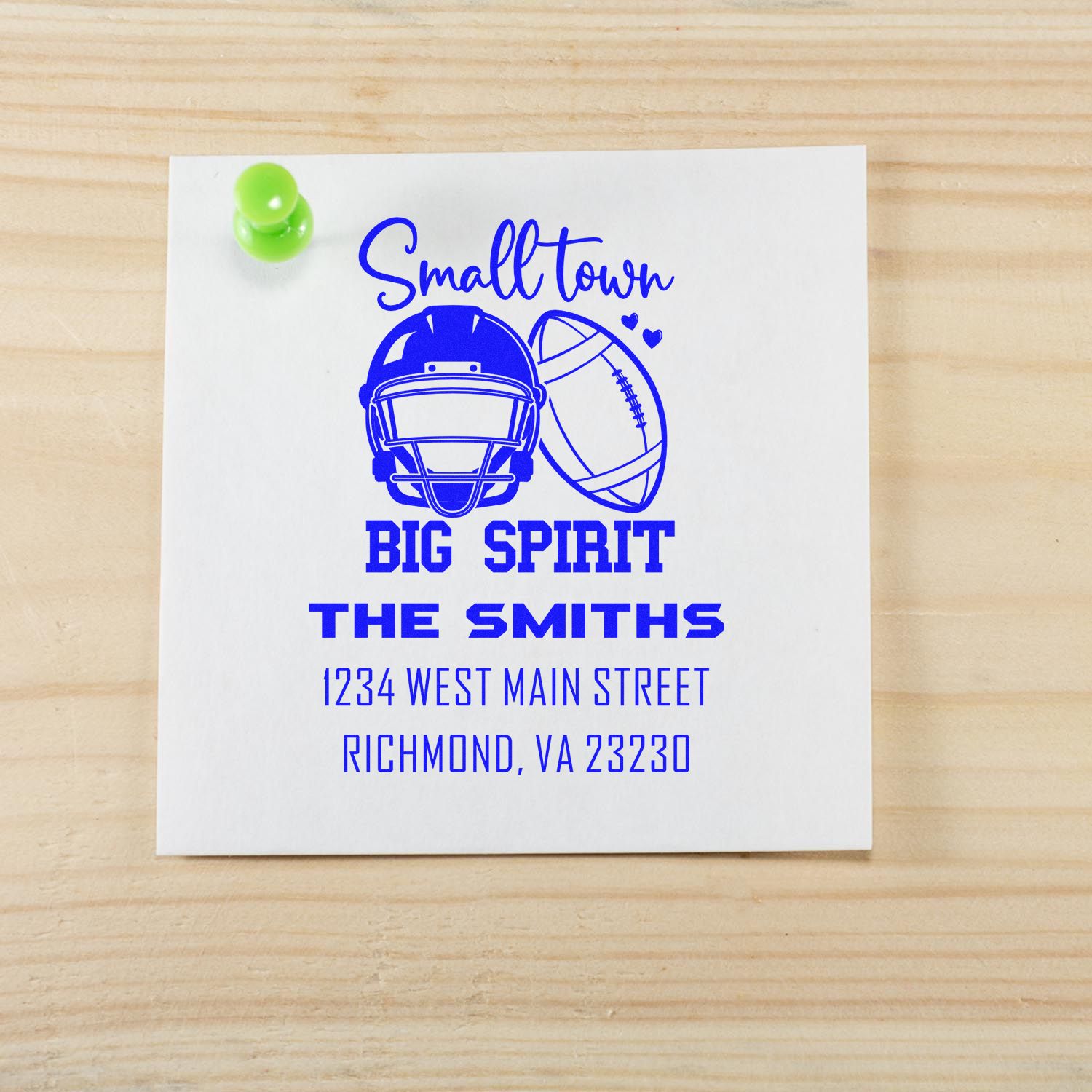 Custom rubber stamp return address with football helmet and ball, Small Town Big Spirit for The Smiths in Richmond, VA.