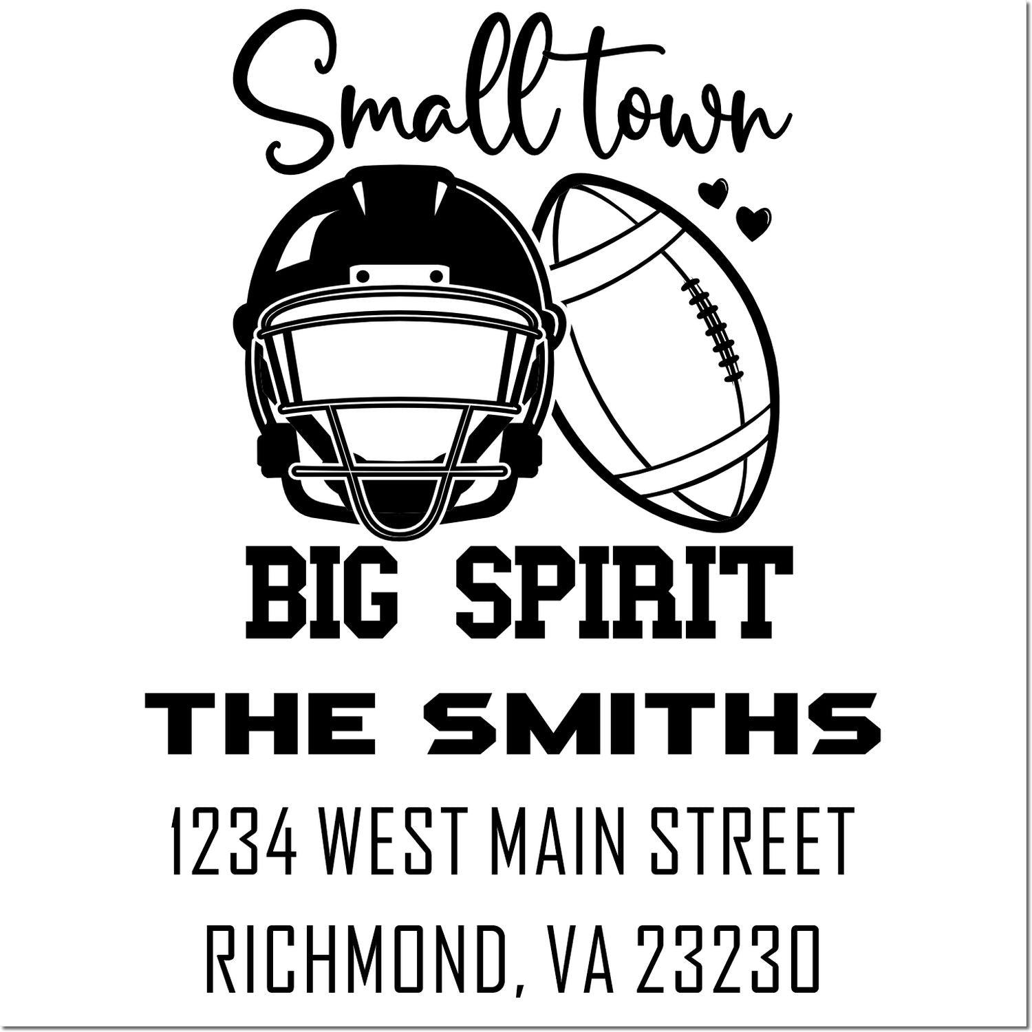 Custom football-themed address rubber stamp for The Smiths, Small Town Big Spirit, Richmond, VA 23230.