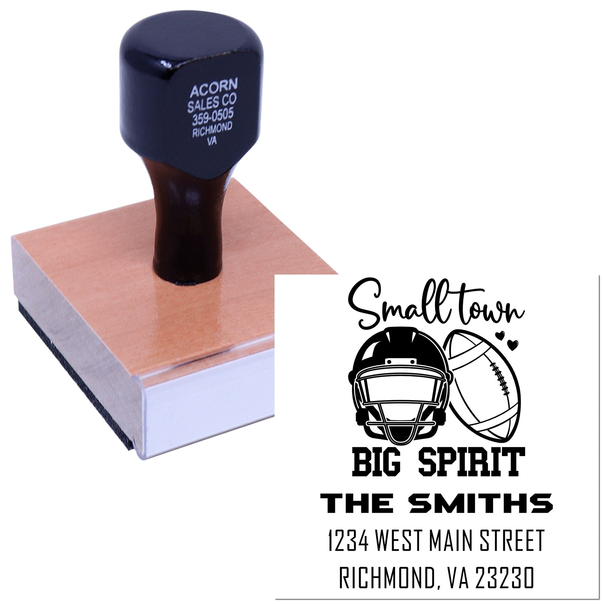 Custom rubber address stamp for sports families, featuring football helmet design and The Smiths, Richmond, VA