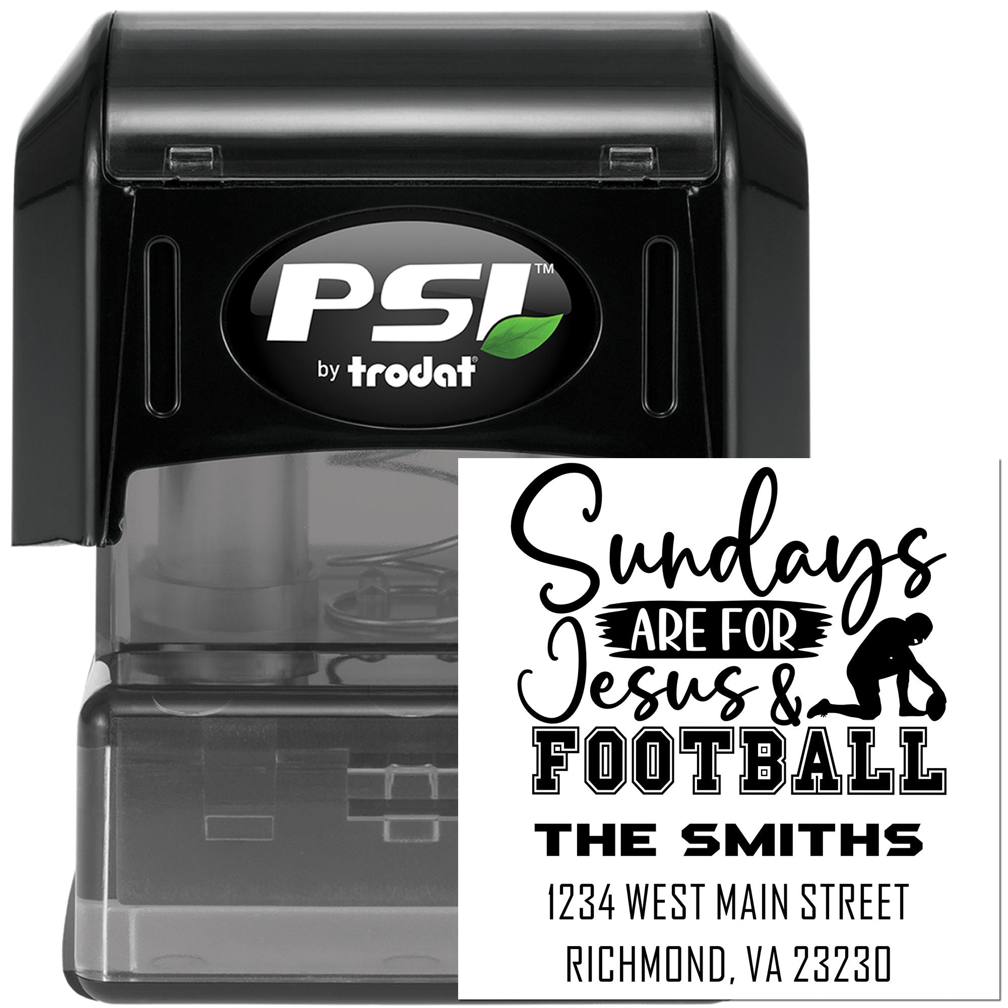 Custom PSI by Trodat rubber stamp with Sundays Are for Jesus & Football design, The Smiths name, and address.